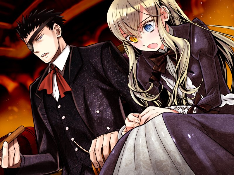 akira (kaned fools), james moriarty, mary clarissa christie, shikkoku no sharnoth, steampunk (liarsoft), game cg, 1boy, 1girl, blush, heterochromia
