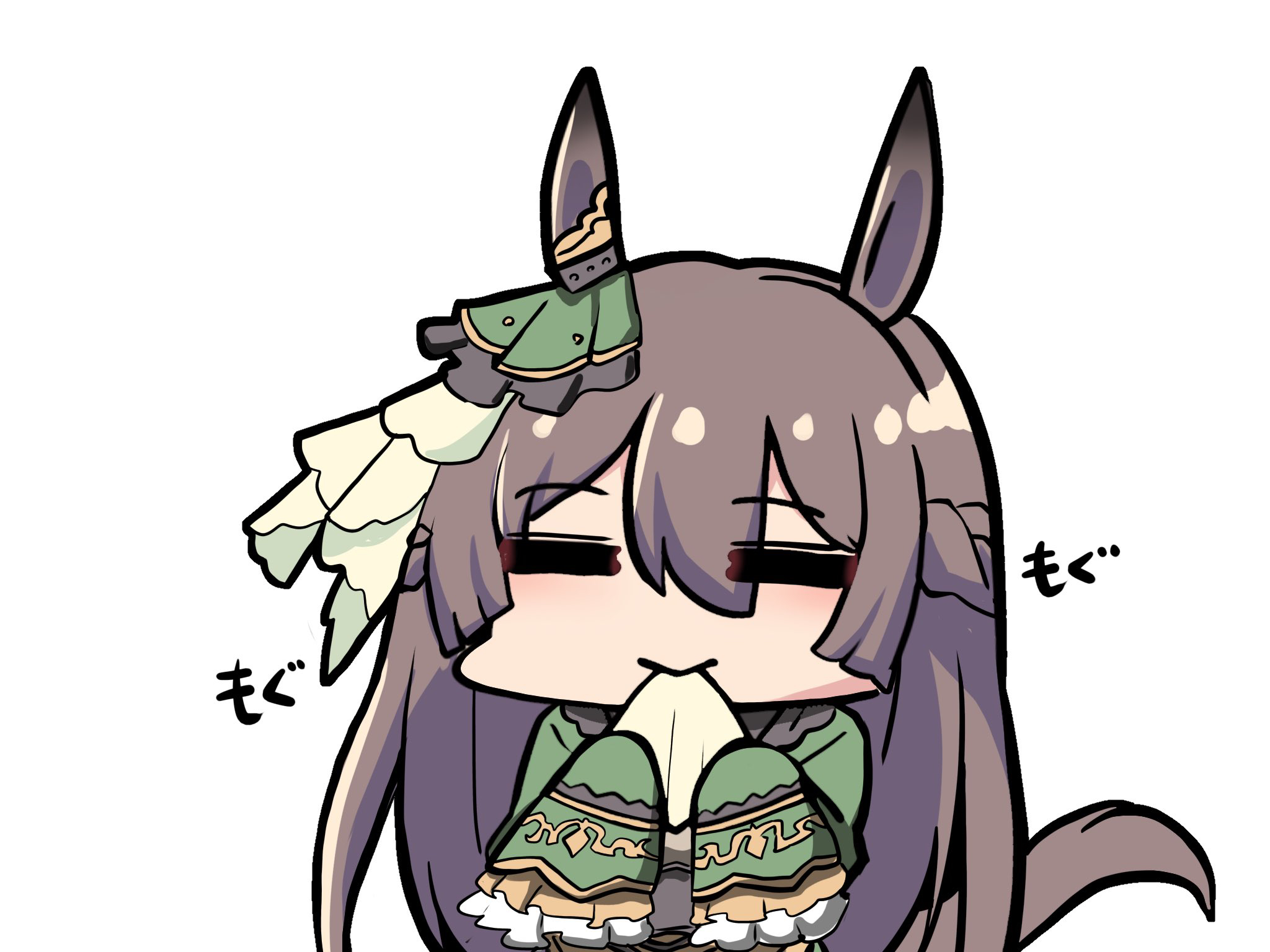 kawamochi (tddm3573), satono diamond (umamusume), umamusume, highres, translation request, 1girl, animal ears, blush, braid, brown hair, chibi, closed eyes, closed mouth, facing viewer, frilled sleeves, frills, green jacket, hair between eyes, hands up, holding, horse ears, horse girl, horse tail, jacket, long hair, long sleeves, simple background, sleeves past fingers, sleeves past wrists, solo, tail, upper body, very long hair, white background