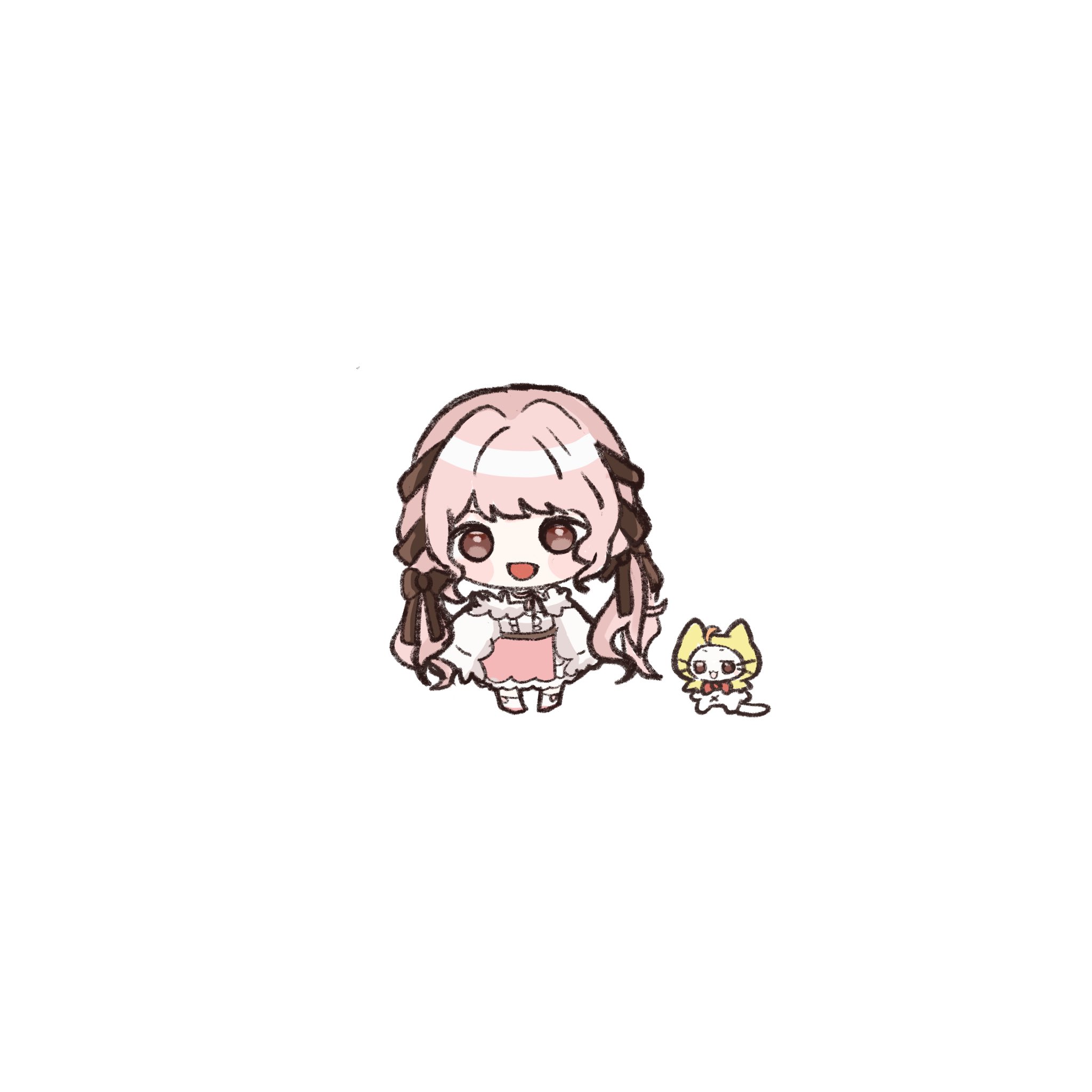 1210 neno, momo (nikki), nikki (nikki), perfect start (infinity nikki), infinity nikki, nikki (series), commentary request, highres, 1girl, ahoge, animal, bare shoulders, belt, black belt, black bow, black ribbon, blush stickers, bow, bow choker, bow legwear, bowtie, bra strap, brown eyes, cat, center frills, chibi, choker, cloak, clothed animal, ear covers, frilled shirt, frilled skirt, frilled sleeves, frills, hair bow, hair ribbon, happy, hood, hood up, hooded cloak, kneehighs, layered skirt, long hair, long sleeves, looking at viewer, low twintails, medium skirt, navel, off-shoulder shirt, off shoulder, open mouth, pink bow, pink bowtie, pink choker, pink hair, pink skirt, puffy long sleeves, puffy sleeves, red bow, red bowtie, ribbon, shirt, simple background, skirt, sleeves past wrists, smile, socks, standing, straight-on, tareme, traditional bowtie, tress ribbon, twintails, very long hair, wavy hair, whiskers, white background, white cat, white shirt, white skirt, white socks, yellow cloak