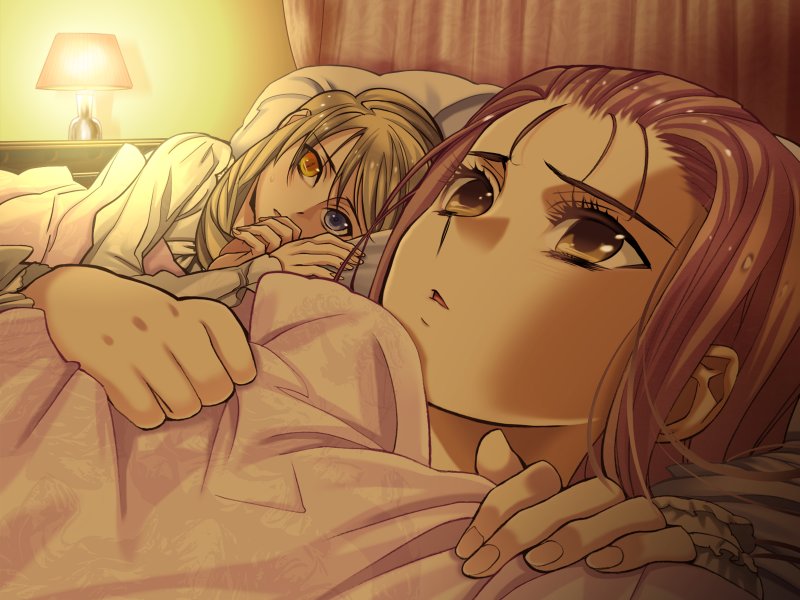 akira (kaned fools), mary clarissa christie, viola baskerville, shikkoku no sharnoth, steampunk (liarsoft), game cg, 2girls, bed, bedroom, blonde hair, blue eyes, brown eyes, brown hair, desk lamp, hair slicked back, heterochromia, indoors, lamp, long hair, long sleeves, looking up, lying, multiple girls, on back, on bed, on side, open mouth, perspective, pillow, under covers, upper body, yellow eyes