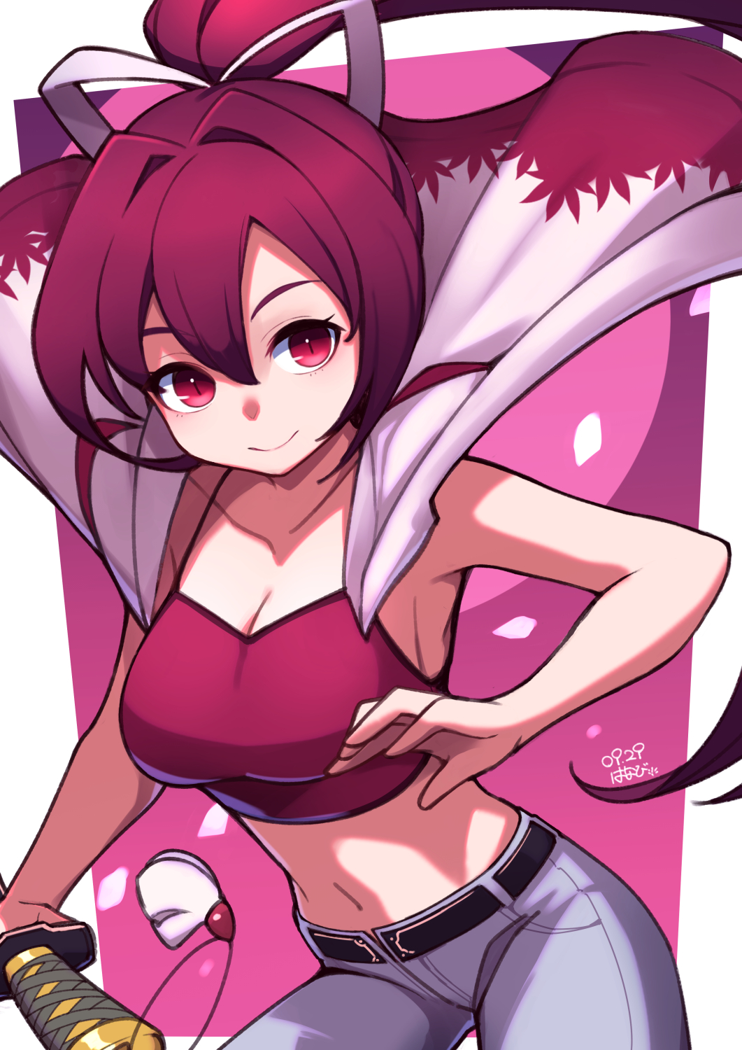 umenodo, yuzuriha (under night in-birth), under night in-birth, highres, 1girl, blue pants, border, breasts, cleavage, cowboy shot, cropped shirt, denim, high ponytail, holding, holding sword, holding weapon, kimono on shoulders, large breasts, long hair, navel, ootachi, pants, ponytail, purple eyes, purple hair, purple shirt, shirt, solo, sword, weapon, white border