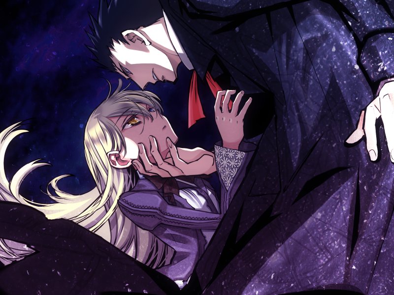 akira (kaned fools), james moriarty, mary clarissa christie, shikkoku no sharnoth, steampunk (liarsoft), game cg, 1boy, 1girl, black hair, blonde hair, dress, eye contact, face-to-face, floral print, formal clothes, grabbing another's chin, hand on another's chin, heterochromia, long hair, long sleeves, looking at another, parted lips, puffy long sleeves, puffy sleeves, purple dress, red ribbon, ribbon, spiked hair, swept bangs, very long hair, yellow eyes