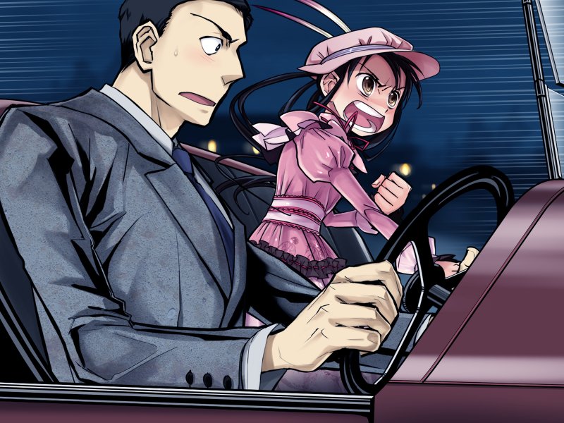 akira (kaned fools), angelica derleth, howard phillips, liarsoft, shikkoku no sharnoth, steampunk (liarsoft), game cg, headwear request, 1boy, 1girl, angry, black hair, brown eyes, car, car interior, hat, motor vehicle, right-hand drive, sash