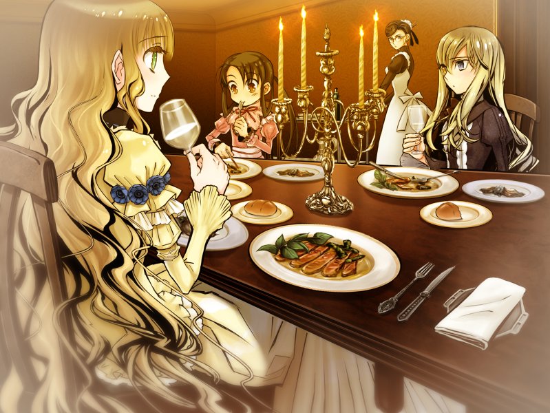 akira (kaned fools), angelica derleth, charlotte bronte, donna wirgman, mary clarissa christie, shikkoku no sharnoth, steampunk (liarsoft), light, game cg, 4girls, alcohol, candle, candlestand, champagne, chandelier, dinner, fire, food, from behind, glass, indoors, long hair, multiple girls, plate, sidelocks, slice of life, table, very long hair, wavy hair