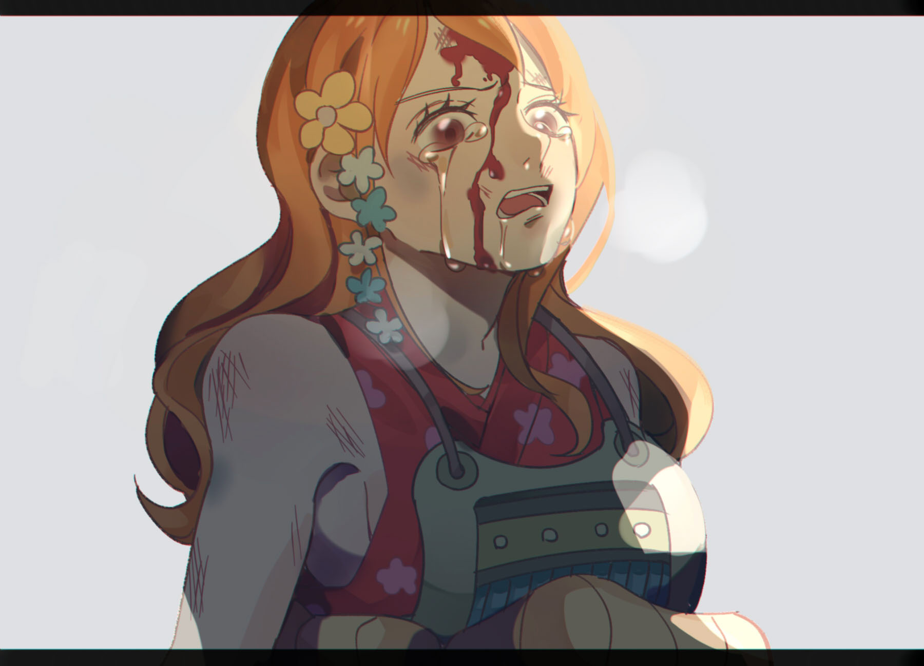 pandar op, nami (one piece), one piece, commentary request, highres, 1girl, armor, bare shoulders, battle damage, blood, blood on face, breasts, brown eyes, crying, crying with eyes open, floral print, floral print kimono, flower, grey background, hair flower, hair ornament, japanese armor, japanese clothes, kimono, large breasts, long hair, official alternate costume, open mouth, orange hair, print kimono, red kimono, sleeveless, sleeveless kimono, solo, tears, upper body