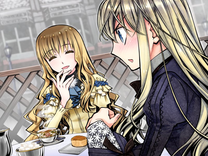 akira (kaned fools), charlotte bronte, mary clarissa christie, shikkoku no sharnoth, steampunk (liarsoft), game cg, 2girls, blonde hair, blush, multiple girls, tea