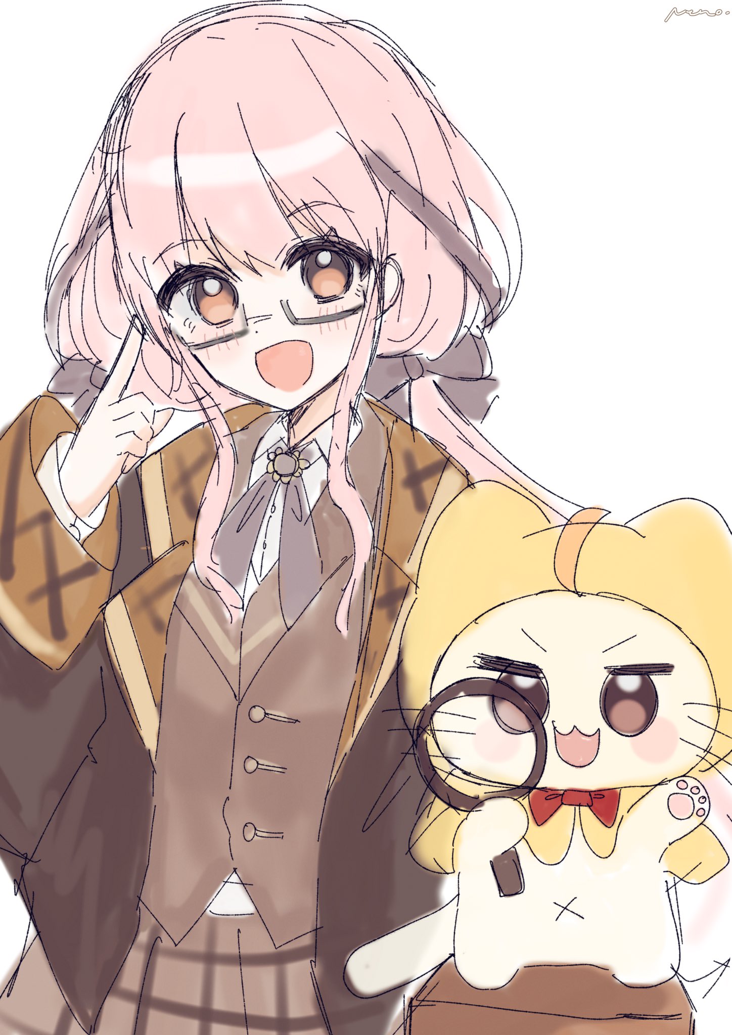 1210 neno, momo (nikki), nikki (nikki), infinity nikki, nikki (series), commentary request, highres, 1girl, ahoge, animal, bespectacled, black-framed eyewear, black bow, black bowtie, black ribbon, blazer, bow, bowtie, box, brooch, brown eyes, brown jacket, brown skirt, brown vest, buttons, cat, cloak, clothed animal, collared jacket, collared shirt, collared vest, colored lapels, cowboy shot, detective, dot nose, ear covers, eyelashes, finger to head, glasses, hair bow, hair ribbon, happy, holding, holding magnifying glass, hood, hood up, hooded cloak, jacket, jewelry, lapels, light blush, long hair, low twintails, magnifying glass, navel, notched lapels, open clothes, open jacket, open mouth, pawpads, pink hair, plaid clothes, plaid lapels, plaid skirt, red bow, red bowtie, ribbon, shirt, sidelocks, signature, simple background, sketch, skirt, smile, standing, tareme, traditional bowtie, tress ribbon, twintails, very long hair, vest, wavy hair, white background, white cat, white shirt, yellow cloak
