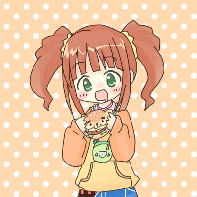 sakuramori sumomo, takatsuki yayoi, idolmaster, idolmaster (classic), idolmaster 1, lowres, 00s, 1girl, brown hair, burger, drooling, female focus, food, green eyes, raglan sleeves, solo, twintails