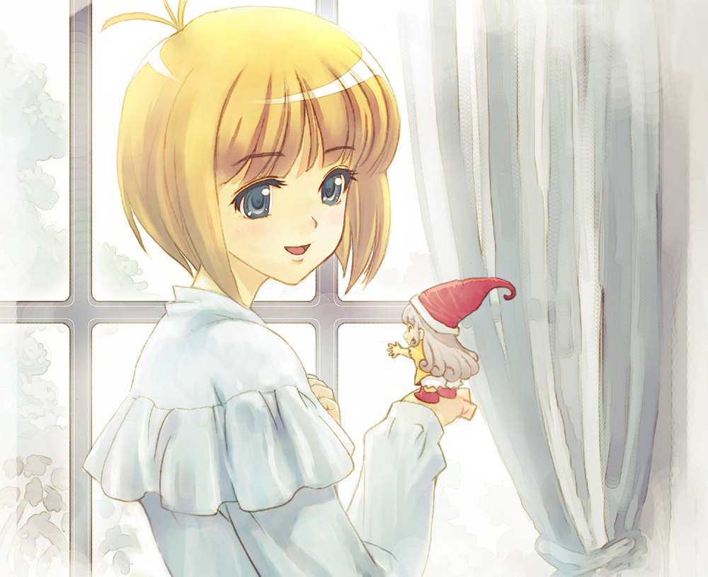 hirokiku, marielle lugran, memoru, tongari boushi no memoru, 1980s (style), 2girls, blonde hair, blue eyes, bob cut, doll, faux traditional media, hat, marielle, mini person, minigirl, multiple girls, oldschool, retro artstyle, short hair, smile, window