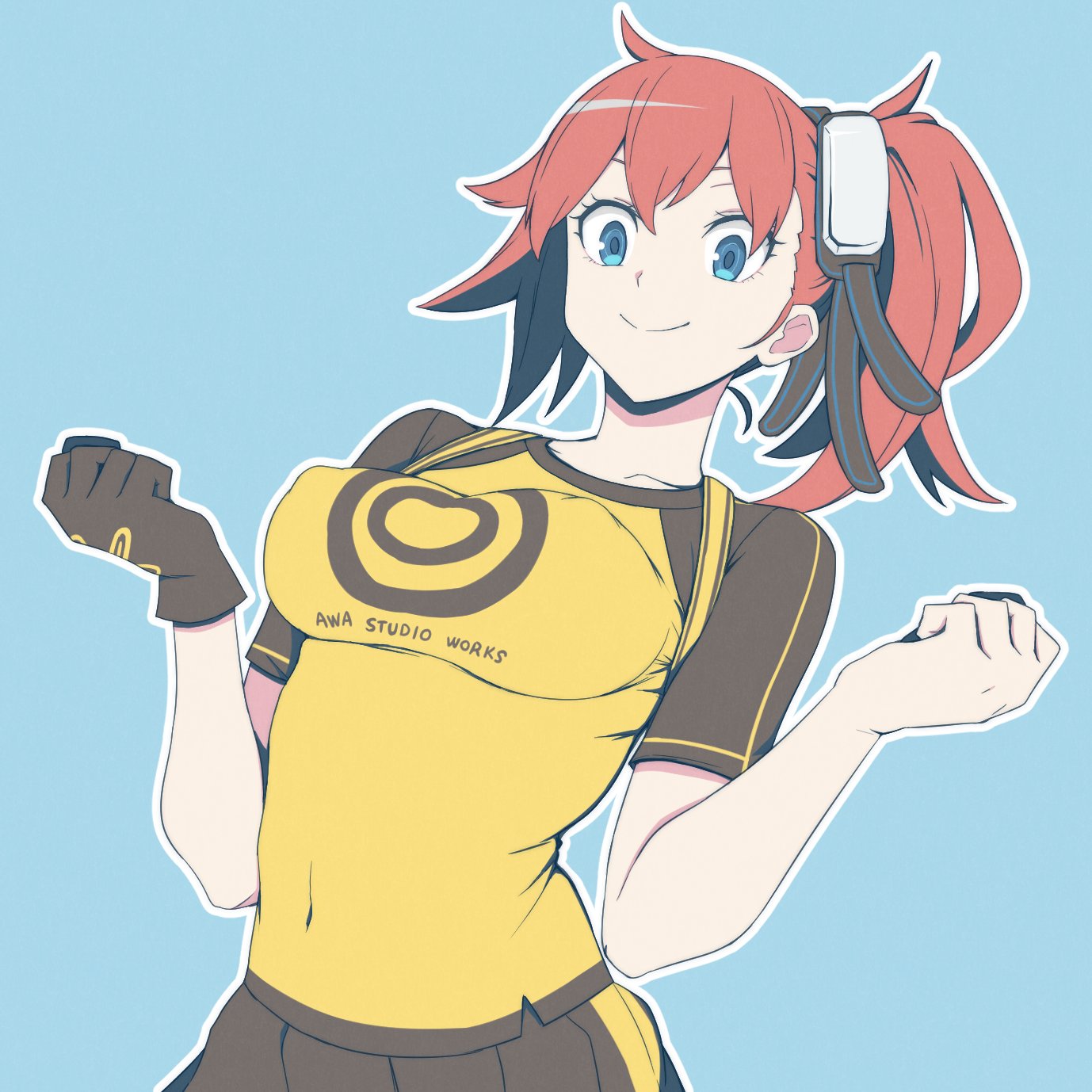 kp944113, aiba ami, digimon, digimon story: cyber sleuth, highres, 1girl, black gloves, black shirt, black skirt, blue background, blue eyes, breasts, clenched hands, covered erect nipples, cowboy shot, gloves, goggles, goggles on head, large breasts, pleated skirt, print shirt, red hair, shirt, side ponytail, simple background, single glove, skirt, solo, two-tone shirt, yellow shirt
