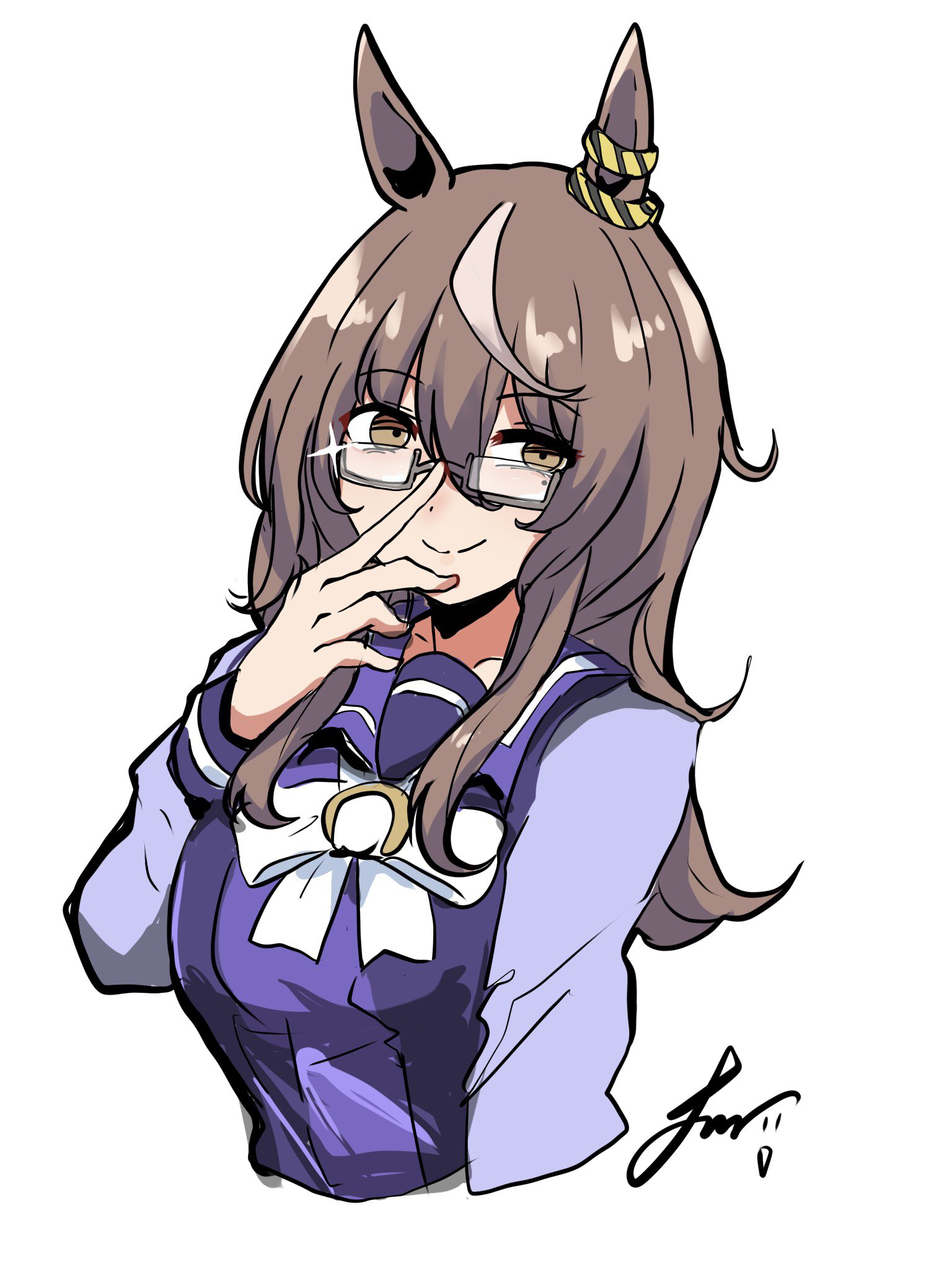 kawamochi (tddm3573), umamusume, character request, highres, 1girl, adjusting eyewear, animal ears, bow, breasts, brown eyes, brown hair, closed mouth, cropped torso, glasses, grey-framed eyewear, hair between eyes, hand up, horse ears, long hair, long sleeves, looking at viewer, medium breasts, multicolored hair, puffy long sleeves, puffy sleeves, purple shirt, school uniform, semi-rimless eyewear, shirt, signature, simple background, smile, solo, streaked hair, tracen school uniform, under-rim eyewear, upper body, white background, white bow