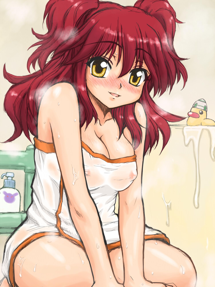 nanamo, nanamo (002a), nena trinity, gundam, gundam 00, 00s, 1girl, bath, blush, breasts, cleavage, female focus, kneeling, large breasts, naked towel, red hair, solo, sweat, towel, wet, yellow eyes
