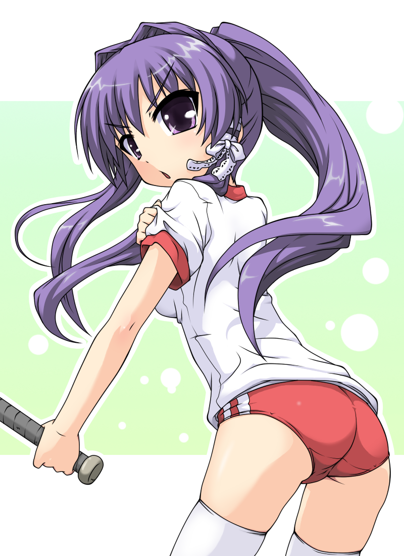 k10k, fujibayashi kyou, clannad, 00s, baseball bat, buruma, gym uniform, ponytail, solo