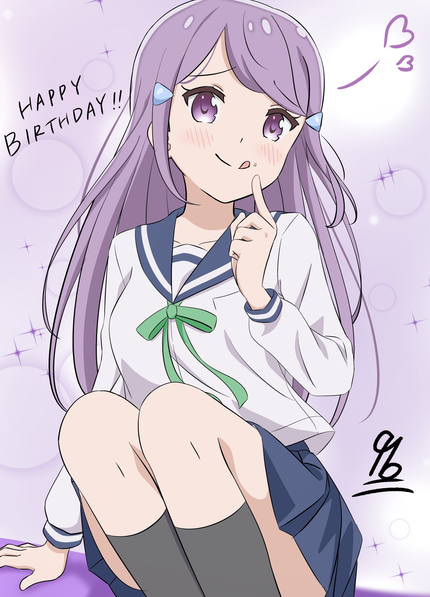 qb (qb46311027), suzuya moe, koisuru asteroid, !, !!, 1girl, artist name, birthday, black socks, blue sailor collar, blue skirt, blush, collarbone, dot nose, feet out of frame, female focus, hair ornament, hairclip, happy birthday, heart, long hair, looking at viewer, ribbon, sailor collar, school uniform, serafuku, shirt, sitting, skirt, socks, solo, sparkle, tongue, tongue out, white shirt
