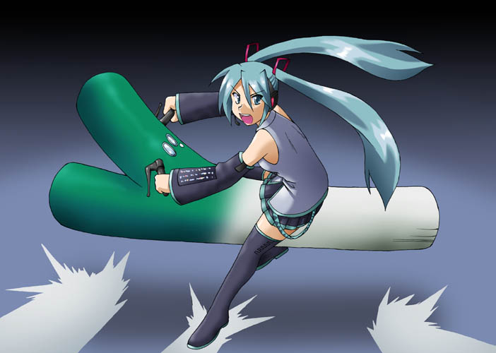 hatsune miku, vocaloid, vehicle, bad id, bad pixiv id, 1girl, akira slide, belt, black boots, black skirt, boots, collared shirt, detached sleeves, female focus, floating hair, gradient background, grey shirt, hair between eyes, hair ornament, headphones, headset, holding, long hair, looking at viewer, microphone, miniskirt, necktie, open mouth, oversized object, pleated skirt, riding, shirt, sitting, sitting on object, skirt, solo, spring onion, thigh boots, thighhighs, twintails