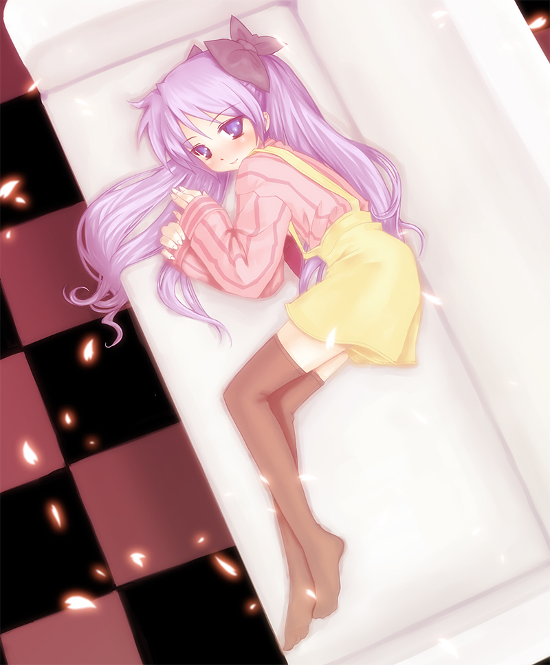 nyoshino, hiiragi kagami, lucky star, bad id, bad pixiv id, 00s, 1girl, blush, casual, cherry blossoms, couch, feet, female focus, full body, hair ribbon, long hair, looking back, lying, petals, purple eyes, purple hair, ribbon, shirt, smile, solo, striped clothes, striped shirt, suspenders, thighhighs, tiles, tsurime, twintails, zettai ryouiki