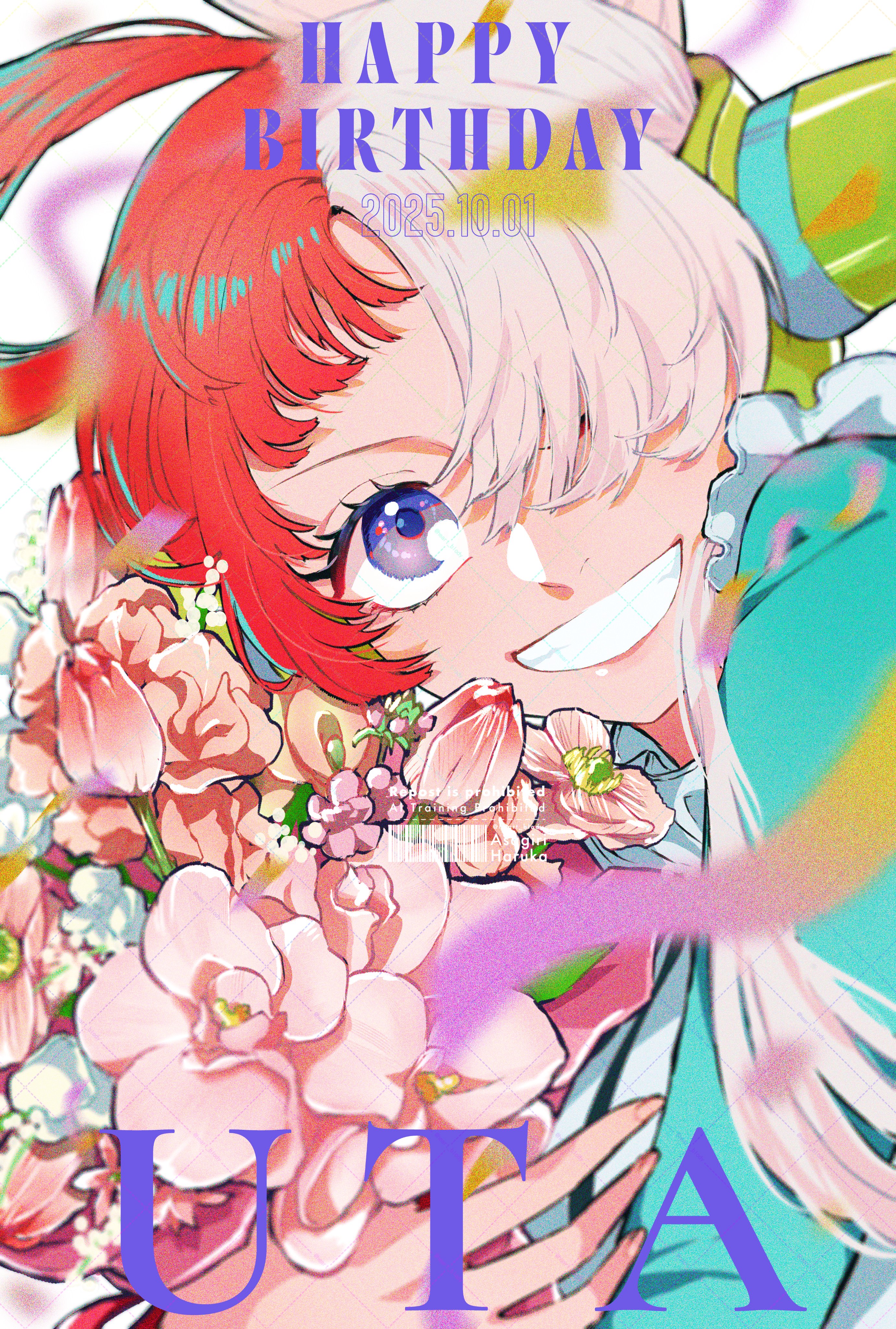 heart blody, uta (one piece), one piece, one piece film: red, absurdres, commentary request, highres, 1girl, asymmetrical bangs, birthday, blue sleeves, bouquet, character name, dated, dress, flower, frilled sleeves, frills, grin, happy birthday, headphones, holding, holding bouquet, looking at viewer, multicolored hair, pink flower, red hair, single sleeve, smile, solo, two-tone hair, upper body, white dress, white flower, white hair