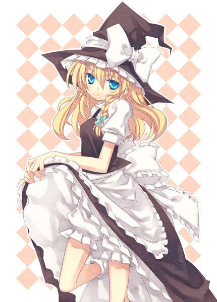 al, mugura, kirisame marisa, touhou, bad id, bad pixiv id, 1girl, blonde hair, bloomers, blue eyes, clothes lift, female focus, hat, petticoat, skirt, skirt lift, solo, underwear, white bloomers, witch, witch hat