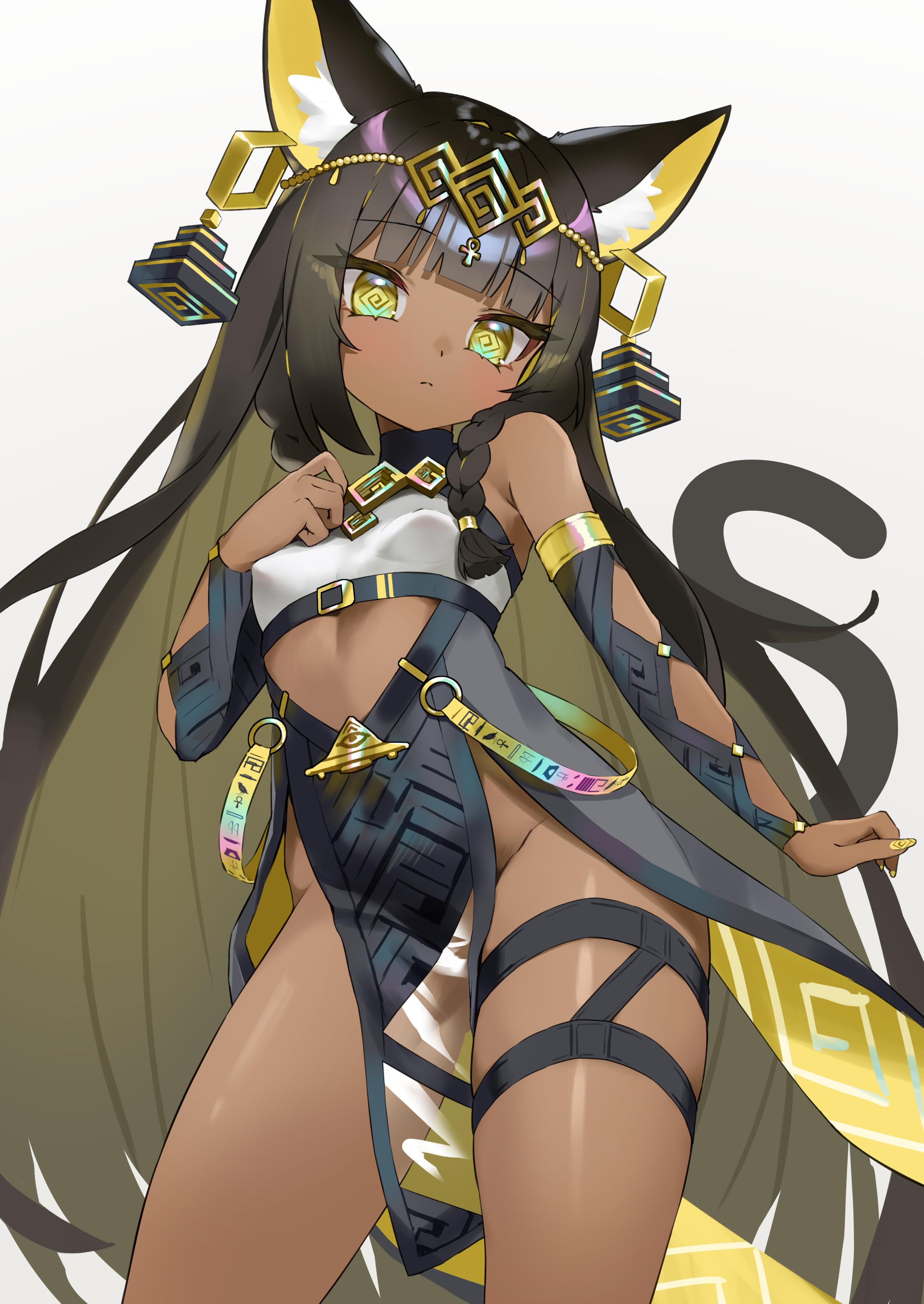 nitoron, original, absurdres, highres, md5 mismatch, resolution mismatch, source larger, 1girl, ancient egyptian, animal ears, bare shoulders, black tail, blue sleeves, breasts, cat ears, cat girl, cat tail, closed mouth, cowboy shot, dark-skinned female, dark skin, detached sleeves, dot nose, dress, expressionless, green eyes, grey background, groin, if you want to become a godly artist (trend), long hair, pelvic curtain, sleeveless, sleeveless dress, small breasts, solo, straight hair, tail, thigh focus, thighs, very long hair