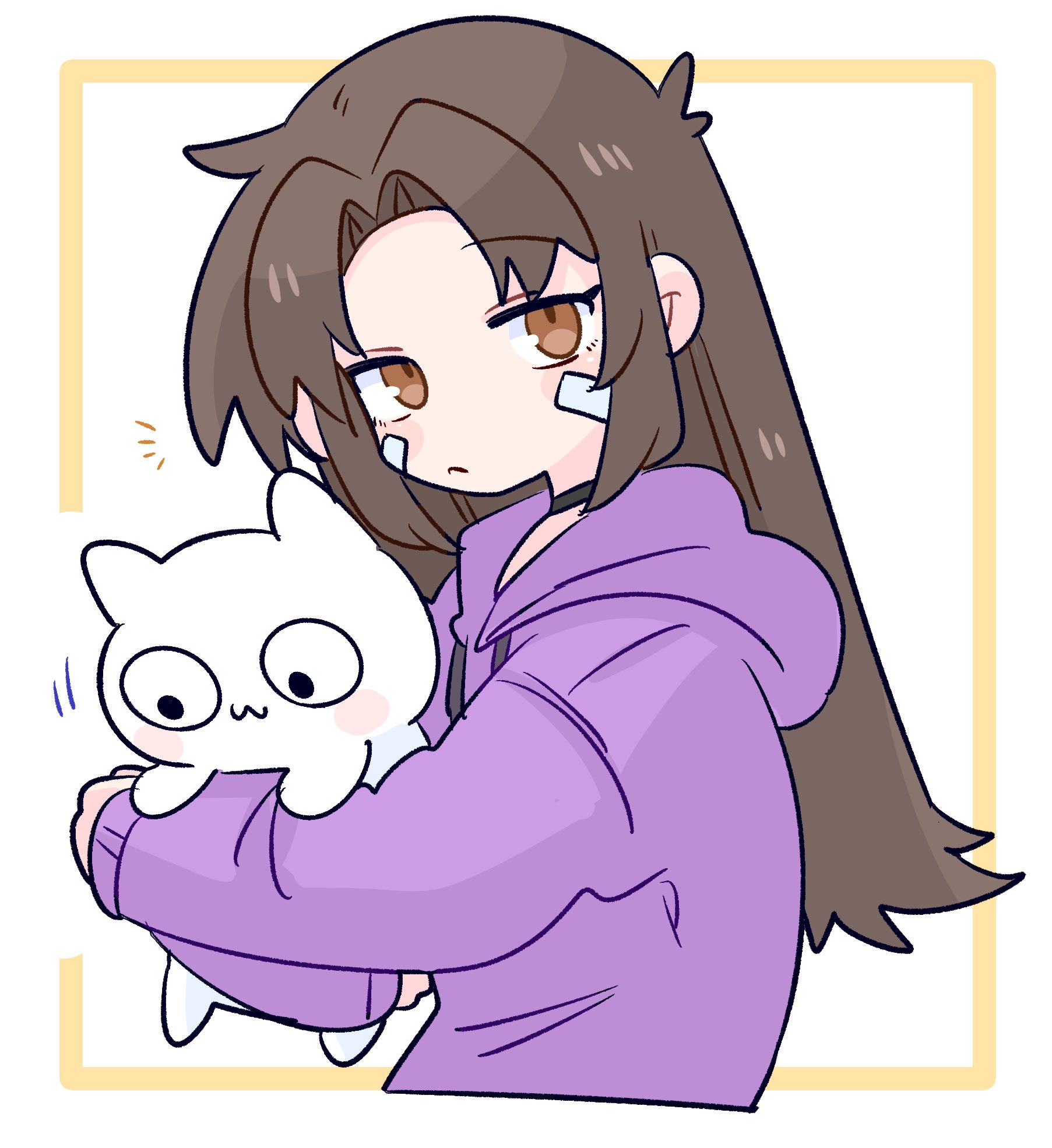 op na yarou, original, commentary, highres, 1other, :3, androgynous, animal, bandaid, bandaid on cheek, bandaid on face, black choker, borrowed character, brown eyes, brown hair, cat, choker, drawstring, expressionless, from side, frown, hands up, holding, holding animal, hood, hoodie, light blush, long hair, long sleeves, looking at viewer, no nose, parted bangs, purple hoodie, sidelocks, simple background, solo, straight hair, upper body, white background