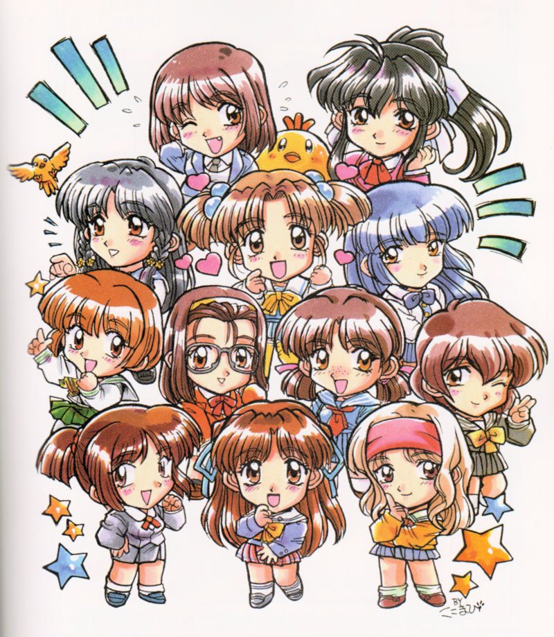 kokomahi, adachi taeko, ayasaki wakana, endou akira, hosaka miyuki, hoshino asuka, matsuoka chie, morii kaho, nagakura emiru, nanase yuu, sawatari honoka, sugihara manami, yamamoto rurika, sentimental graffiti, commentary request, official art, traditional media, 6+girls, arm behind head, artist name, ascot, black hair, black jacket, black necktie, black shoes, black skirt, blonde hair, blue bow, blue bowtie, blue hair, blue jacket, blue ribbon, blue sailor collar, blue serafuku, blue shirt, blue shoes, blue skirt, bow, bowtie, braid, braided sidelock, brown eyes, brown hair, brown shoes, cardigan, chibi, chibi only, closed mouth, everyone, fang, flying sweatdrops, glasses, green skirt, hair bobbles, hair bow, hair ornament, hair ribbon, hairband, heart, index finger raised, jacket, long hair, long sleeves, looking at viewer, loose socks, low twintails, medium hair, multiple girls, neck ribbon, neckerchief, necktie, notice lines, one eye closed, open mouth, orange ribbon, parted lips, pink jacket, pink ribbon, pleated skirt, ponytail, red ascot, red hairband, red neckerchief, red skirt, ribbon, sailor collar, school uniform, serafuku, shirt, shoes, short hair, short twintails, signature, skirt, sleeves past wrists, smile, socks, standing, star (symbol), stuffed animal, stuffed bird, stuffed toy, thighhighs, twintails, w, white background, white bow, white jacket, white sailor collar, white shirt, white socks, yellow ascot, yellow bow, yellow cardigan, yellow eyes, yellow hairband, yellow thighhighs