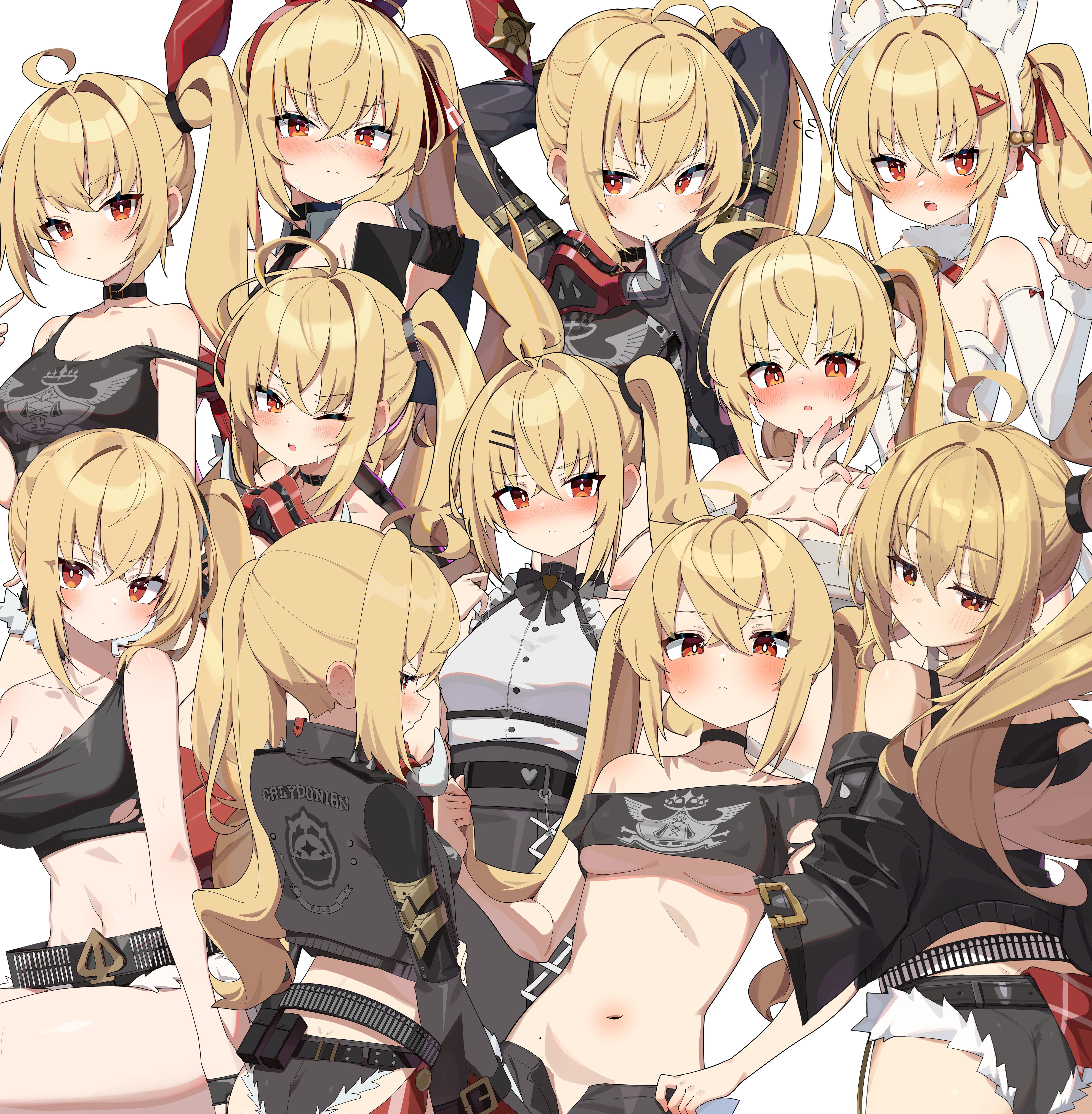 w.k, luciana de montefio, zenless zone zero, absurdres, highres, 1girl, ahoge, alternate costume, animal ears, arms behind head, arms up, ass, bare shoulders, belt, black choker, black jacket, black shirt, black shorts, blush, breasts, bright pupils, choker, cleavage, closed mouth, covered erect nipples, crop top, cutoffs, detached collar, detached sleeves, fake animal ears, from behind, fur collar, hair ornament, hairband, hairclip, heart, heart hands, jacket, large breasts, long hair, long sleeves, looking at viewer, looking back, mask, mask around neck, medium breasts, micro shorts, midriff, multiple views, navel, nose blush, off shoulder, one eye closed, open fly, open mouth, red eyes, shirt, short shorts, shorts, side ponytail, sidelocks, single sleeve, sleeveless, sleeveless shirt, stomach, strap slip, thighs, torn clothes, torn shirt, twintails, underboob, v-shaped eyebrows, white shirt