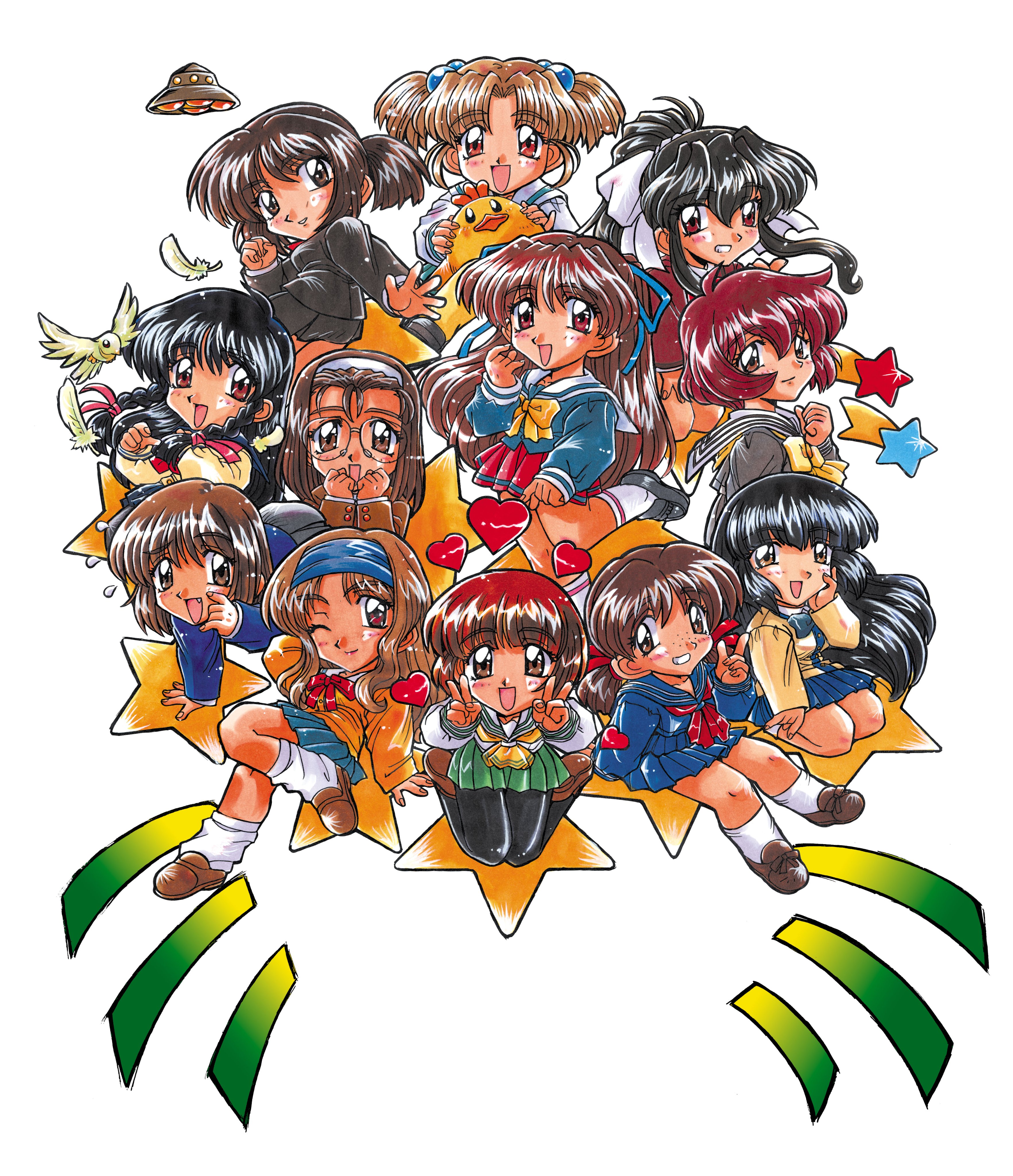 kokomahi, adachi taeko, ayasaki wakana, endou akira, hosaka miyuki, hoshino asuka, matsuoka chie, morii kaho, nagakura emiru, nanase yuu, sawatari honoka, sugihara manami, yamamoto rurika, sentimental graffiti, absurdres, commentary request, highres, official art, 6+girls, all fours, ascot, black hair, black jacket, black pantyhose, black sailor collar, black serafuku, black skirt, blue bow, blue bowtie, blue hairband, blue jacket, blue ribbon, blue sailor collar, blue serafuku, blue shirt, blue skirt, bow, bowtie, braid, braided sidelock, brown eyes, brown hair, brown jacket, brown shoes, cardigan, chibi, chibi only, closed mouth, double v, everyone, falling feathers, fang, feathers, glasses, green skirt, grin, hair bobbles, hair bow, hair ornament, hair ribbon, hairband, hand on own cheek, hand on own face, jacket, kneeling, long hair, long sleeves, looking at viewer, loose socks, low twintails, medium hair, multiple girls, neck ribbon, neckerchief, one eye closed, open mouth, pantyhose, pleated skirt, ponytail, red eyes, red hair, red jacket, red neckerchief, red ribbon, red skirt, ribbon, sailor collar, school uniform, seiza, serafuku, shirt, shoes, shooting star, short hair, short twintails, sitting, skirt, sleeves past wrists, smile, socks, star (symbol), stuffed animal, stuffed bird, stuffed toy, twintails, ufo, v, white background, white bow, white sailor collar, white shirt, white socks, yellow ascot, yellow cardigan, yellow hairband