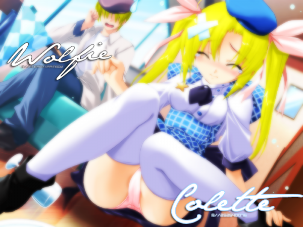mochizuki sakura, >>fami! kyou no menu wa lesson c, third-party edit, blonde hair, boots, hat, panties, thighhighs, twintails, underwear