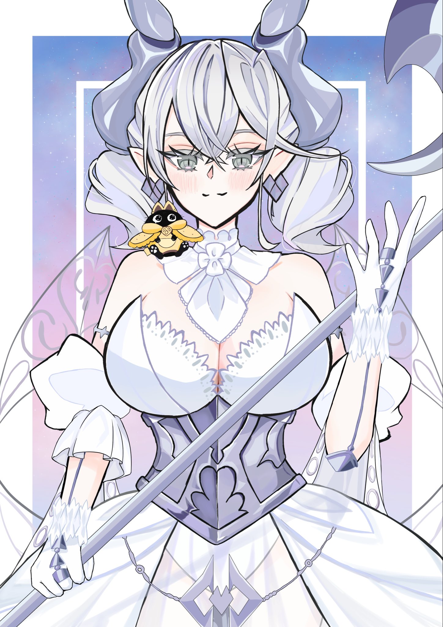 sira tise, lovely labrynth of the silver castle, yu-gi-oh!, character request, highres, 1girl, bare shoulders, blue background, border, breasts, cleavage, cowboy shot, demon girl, demon horns, demon wings, dress, drill hair, duel monster, earrings, gloves, grey eyes, grey hair, halberd, holding, holding polearm, holding weapon, horns, jewelry, leotard, low wings, multiple wings, pointy ears, polearm, purple background, simple background, slit pupils, solo focus, strapless, strapless leotard, transparent wings, twin drills, weapon, white border, white dress, white gloves, wings