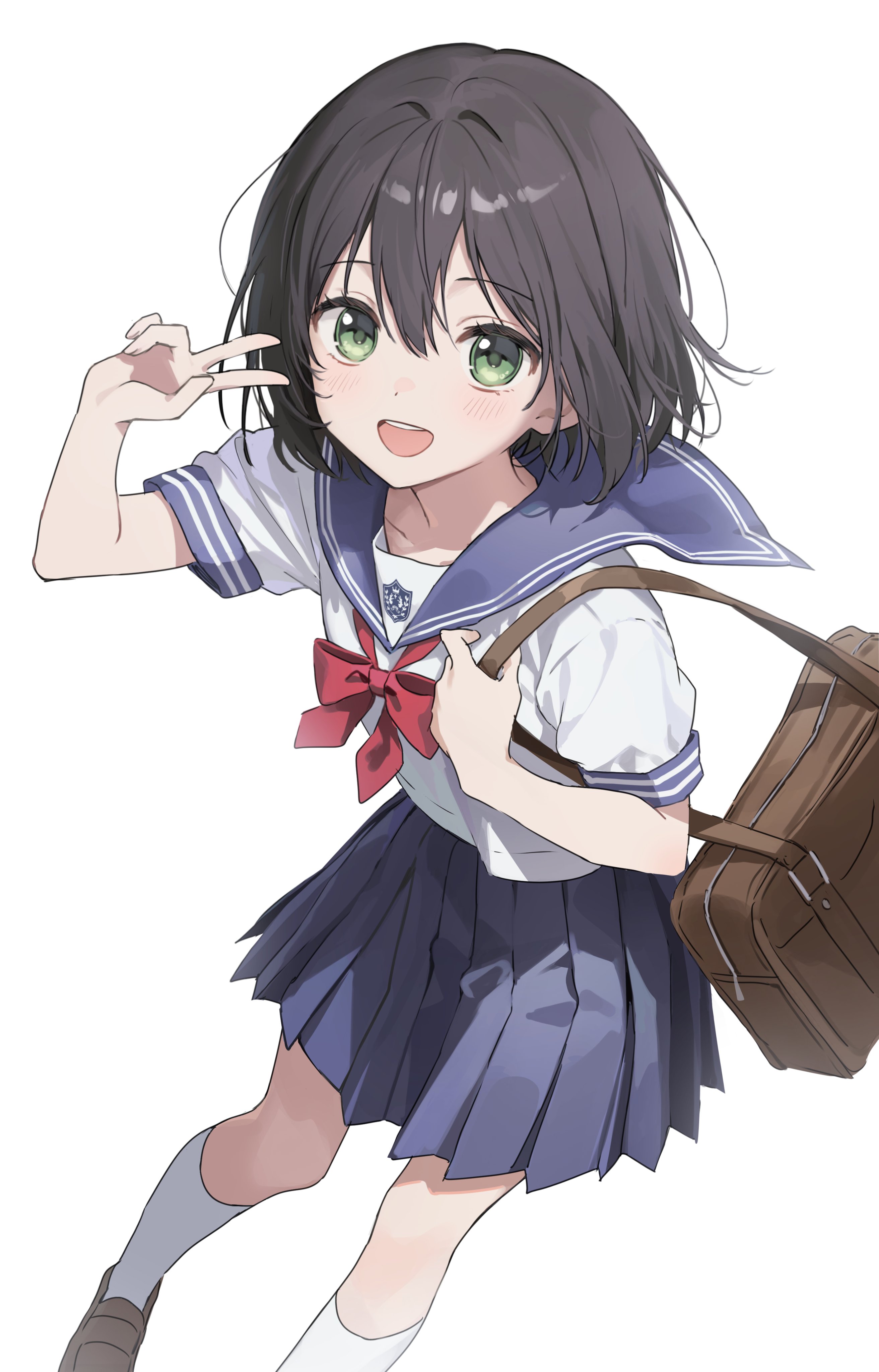 as4 s2, aoi saki (senpai wa otokonoko), senpai wa otokonoko, absurdres, highres, 1girl, :d, bag, black hair, blue sailor collar, blue skirt, brown bag, brown shoes, dot nose, feet out of frame, green eyes, hands up, holding, holding bag, kneehighs, looking at viewer, miniskirt, neck ribbon, open mouth, pleated skirt, red ribbon, ribbon, sailor collar, school uniform, shirt, shoes, short hair, short sleeves, shoulder bag, simple background, skirt, smile, socks, solo, teeth, upper teeth only, v, white background, white shirt, white socks