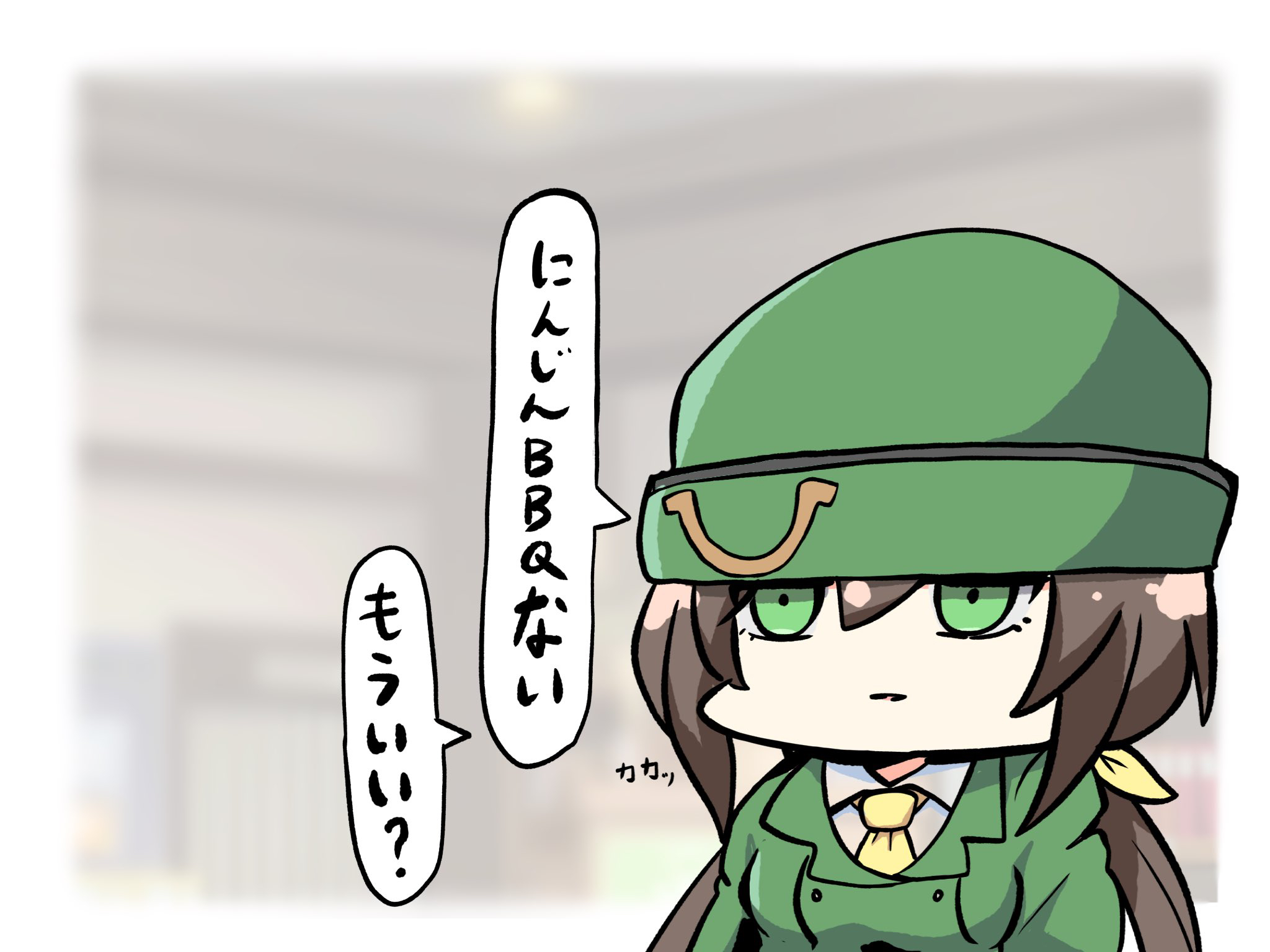 kawamochi (tddm3573), hayakawa tazuna, umamusume, highres, translation request, 1girl, blurry, blurry background, breasts, brown hair, chibi, collared shirt, depth of field, green eyes, green hat, green jacket, hair between eyes, hair ribbon, hat, jacket, long hair, low twintails, medium breasts, necktie, parted lips, ribbon, shirt, solo, twintails, upper body, very long hair, white shirt, yellow necktie, yellow ribbon