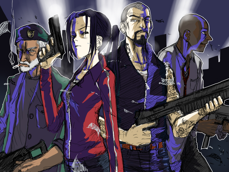 pija (pianiishimo), tiihatanono, bill (left4dead), francis (left4dead), louis (left4dead), zoey (left4dead), left 4 dead, left 4 dead 1, 1girl, 3boys, cigarette, gun, multiple boys, shotgun, smoking, weapon