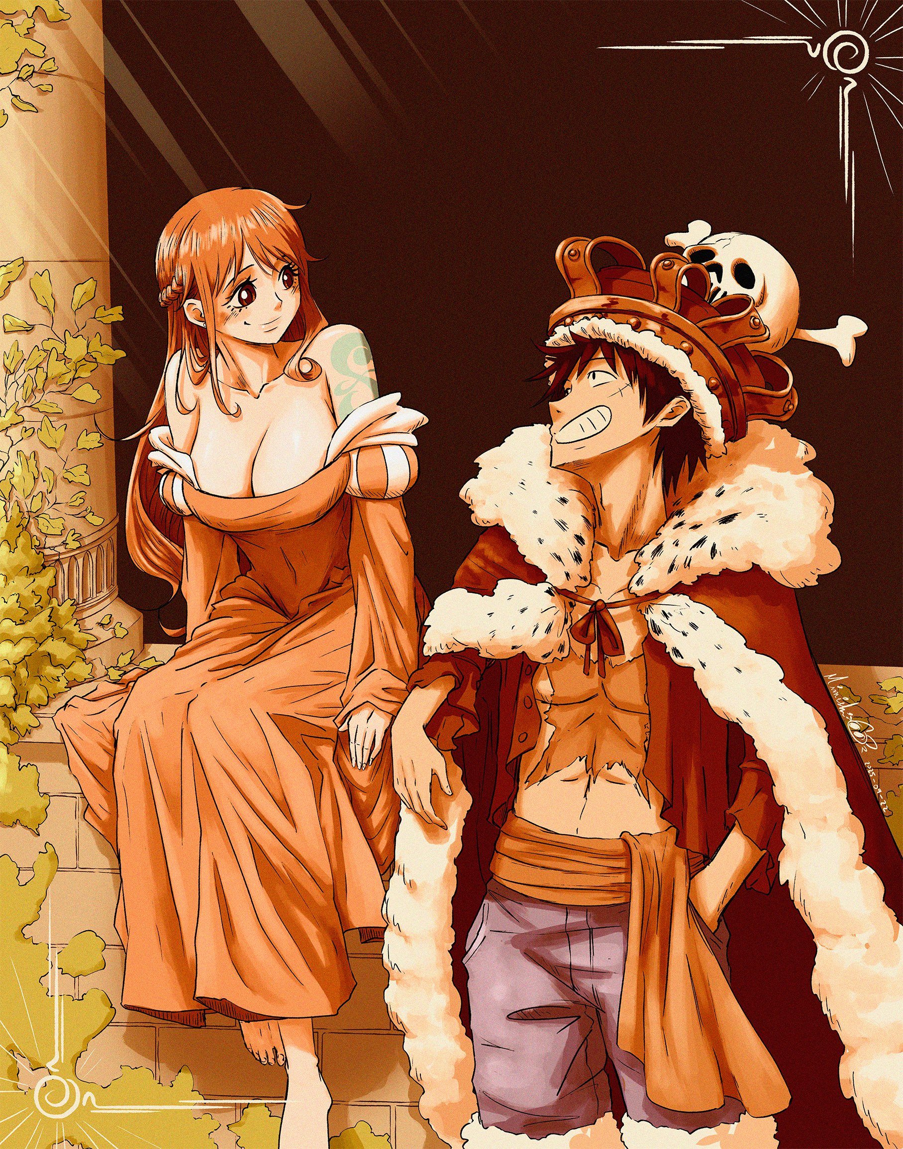 a mimishi, monkey d. luffy, nami (one piece), one piece, commentary, english commentary, highres, 1boy, 1girl, arm support, bare shoulders, barefoot, black hair, blue shorts, braid, breasts, brown eyes, cape, cleavage, closed mouth, coat, coat on shoulders, collarbone, cowboy shot, cross scar, crown, dress, elbow rest, facial scar, feet, foot out of frame, fur-trimmed coat, fur-trimmed shorts, fur trim, grin, half up braid, hand in pocket, large breasts, leaf, long dress, long hair, long sleeves, looking at another, off-shoulder dress, off shoulder, official alternate costume, open clothes, open shirt, orange dress, orange hair, outdoors, puffy sleeves, red cape, red coat, red shirt, sash, scar, scar on cheek, scar on chest, scar on face, shirt, short hair, shorts, shoulder tattoo, sitting, smile, standing, sunset, tattoo, yellow sash
