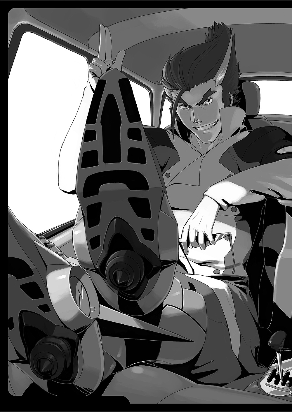 azusa (hws), straight cougar, scryed, highres, 00s, 1boy, alter form, greyscale, male focus, monochrome, radical good speed, sitting, solo