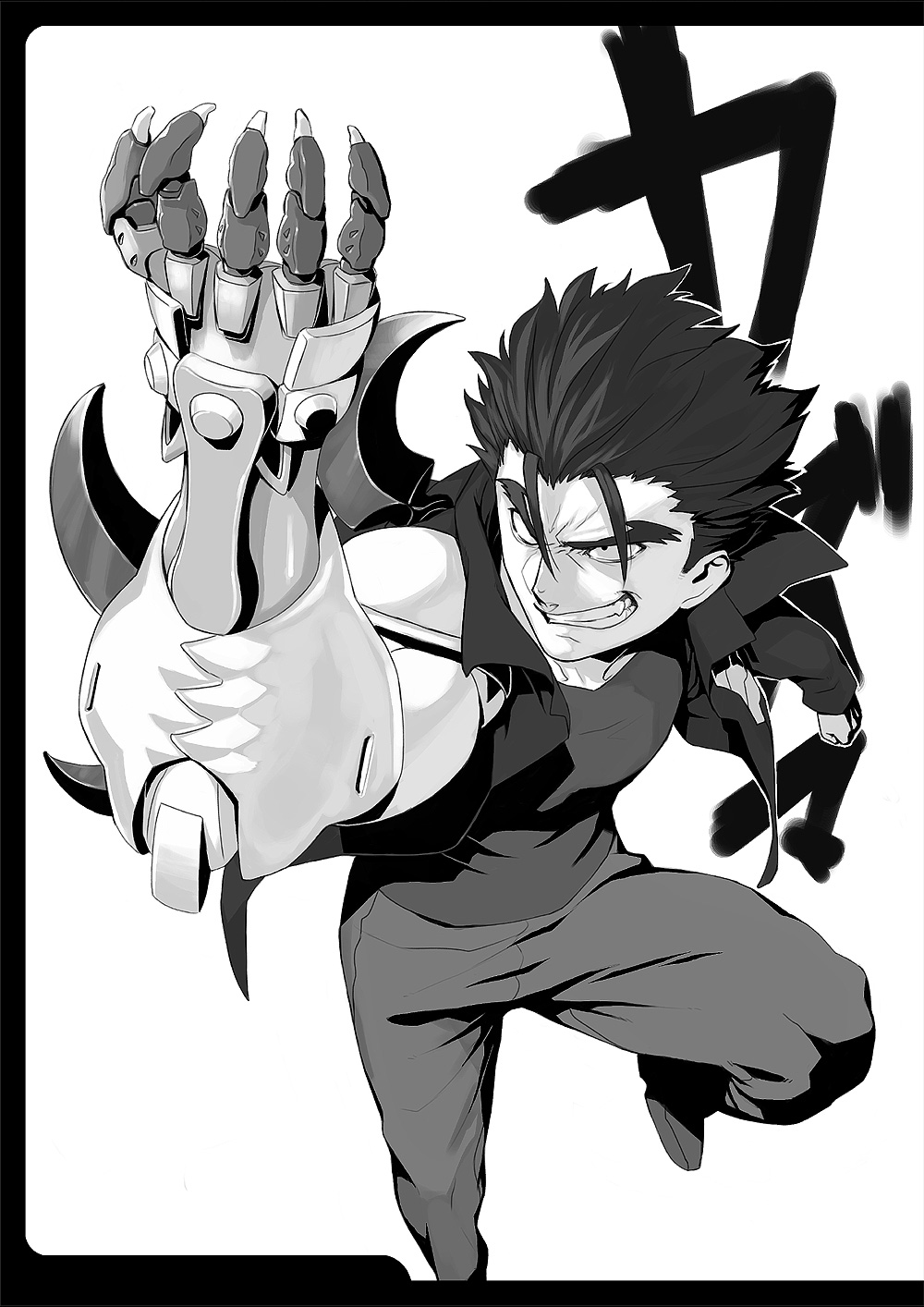 azusa (hws), kazuma (scryed), scryed, highres, 00s, 1boy, alter form, greyscale, grin, male focus, monochrome, power fist, smile, solo
