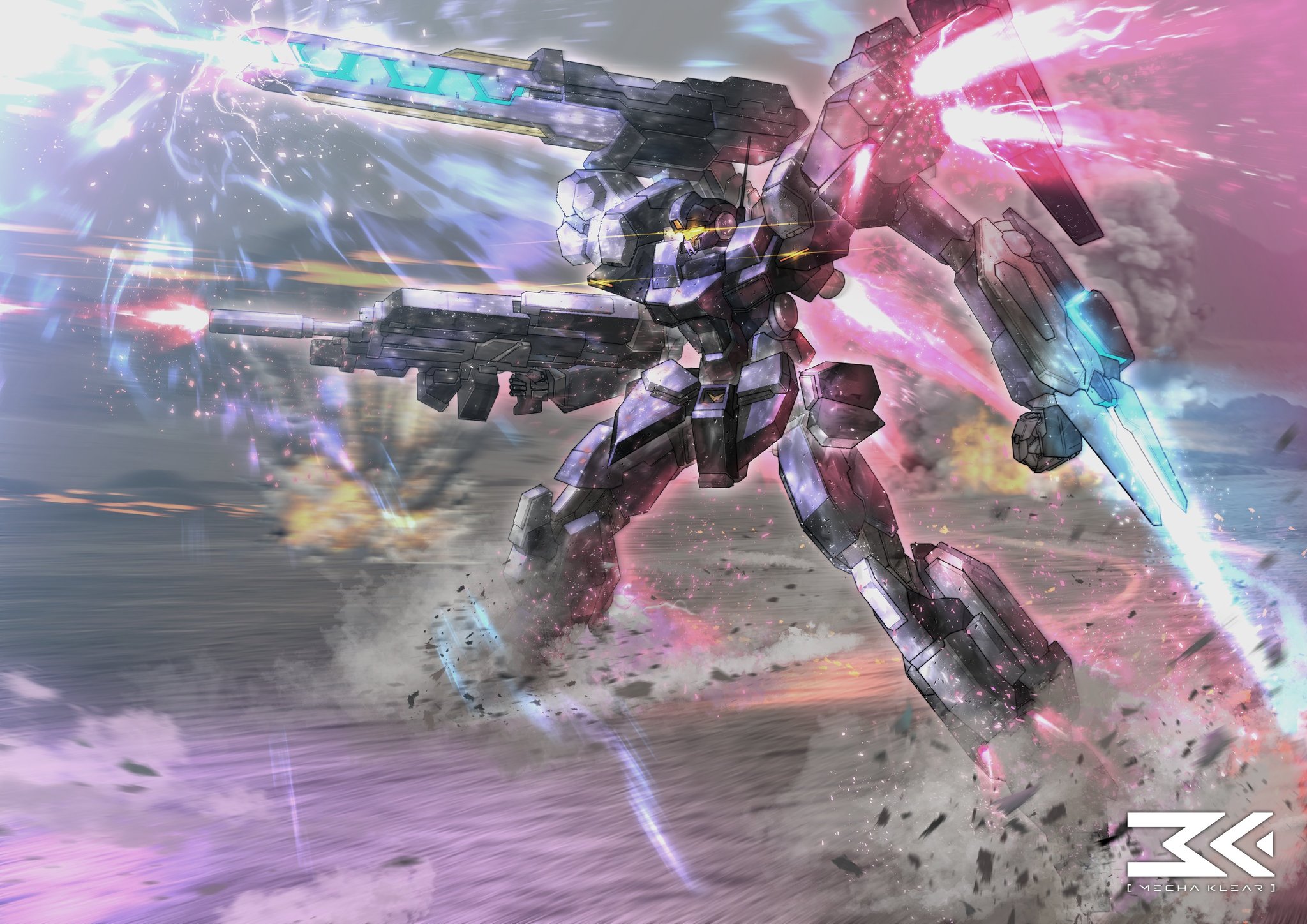 mechaklear, jesta, jesta cannon, armored core, gundam, gundam unicorn, commentary, highres, arm mounted weapon, artist name, assault visor, beam cannon, clenched hand, debris, dust cloud, energy blade, exhaust, explosion, firing, gun, legs apart, mecha, mecha focus, mobile suit, motion blur, no humans, radio antenna, redesign, robot, science fiction, shoulder cannon, smoke, solo, thrusters, weapon, yellow visor