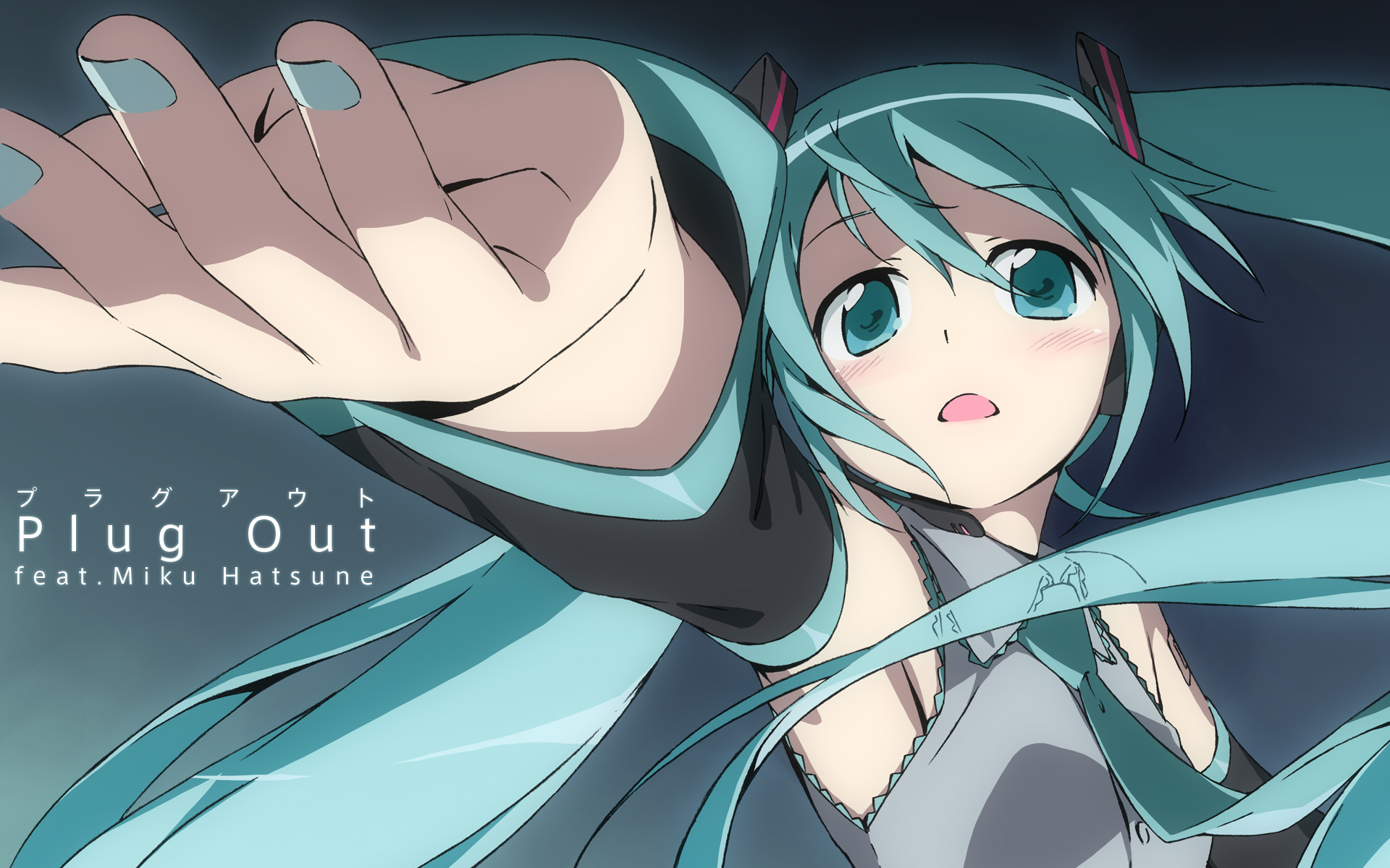 kanzaki hiro, hatsune miku, plug out (vocaloid), vocaloid, bad id, bad pixiv id, highres, 1girl, anime coloring, aqua eyes, aqua hair, aqua nails, blush, female focus, foreshortening, nail polish, outstretched arm, solo