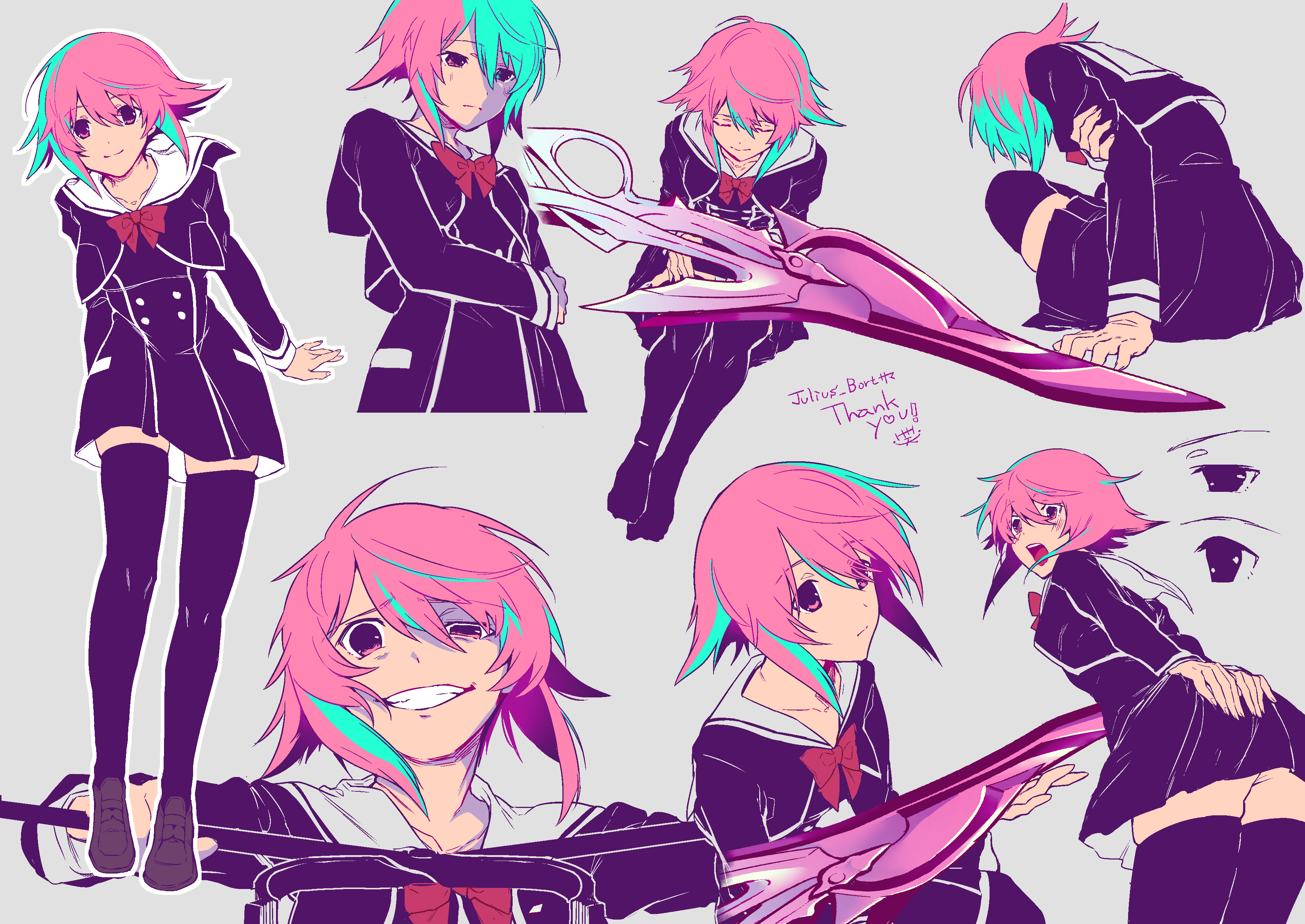 line dot, onoe serika, chaos;child, science adventure, absurdres, highres, 1girl, bent over, black thighhighs, blue hair, blue streaks, blush, bow, brown shoes, buttons, chest bow, covering ass, covering privates, crazy eyes, crazy grin, cropped jacket, d-sword, double-breasted, dress vest, embarrassed, grin, groin, hair between eyes, hekiho academy school uniform, holding, holding own arm, holding sword, holding weapon, huge weapon, jacket, loafers, long sleeves, looking at viewer, looking back, looking down, looking up, miniskirt, multicolored hair, multiple expressions, multiple views, no shoes, open mouth, pink eyes, pink hair, red bow, sailor collar, school uniform, shoes, short hair, simple background, skirt, smile, solo, sword, thighhighs, tongue, weapon, white sailor collar