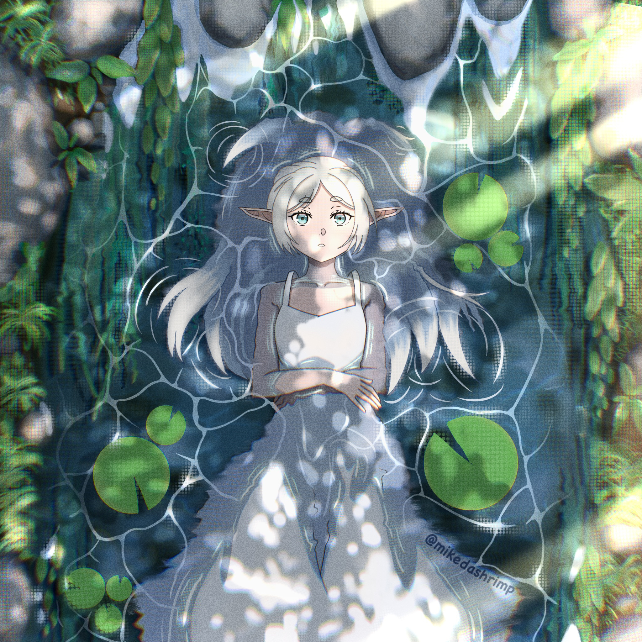 frieren, sousou no frieren, commentary, highres, 1girl, aqua eyes, artist name, collarbone, cowboy shot, dappled sunlight, day, dress, elf, instagram username, lily pad, long hair, looking at viewer, lying, lying on water, mikedashrimp, nature, on back, outdoors, parted bangs, parted lips, partially submerged, pointy ears, sleeveless, sleeveless dress, solo, sunlight, twitter username, water, white dress, white hair