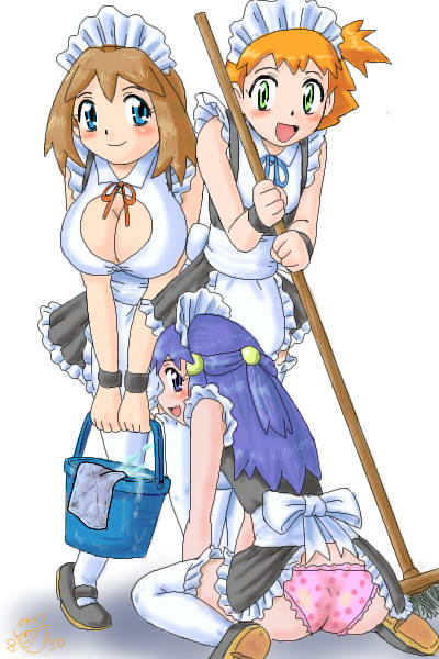 gouguru, dawn (pokemon), may (pokemon), misty (pokemon), nintendo, pokemon, white legwear, 3girls, :d, alternate costume, alternate headwear, ass, blue eyes, blue hair, blush, breasts, brown hair, bucket, bucket of water, cleavage, cleavage cutout, clothing cutout, green eyes, hat, large breasts, long hair, looking at viewer, maid, maid headdress, mop, multiple girls, on floor, open mouth, orange hair, panties, pantyshot, pink panties, polka dot, profile, ribbon, short hair, side ponytail, sitting, smile, thighhighs, underwear, wariza, white background