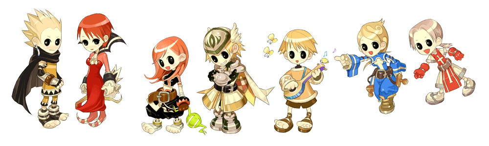 asgard, bandit, nexon, artist request, character request, official art, second-party source, :d, ankle boots, ankle socks, ascot, baggy pants, bandit (asgard), bard, bard (asgard), beamed eighth notes, belt, black belt, black cloak, black eyes, black pants, black shirt, black sleeves, blonde hair, blue pants, blue sleeves, boots, brown boots, brown gloves, brown hair, brown sandals, brown shoes, brown shorts, bug, butterfly, cape, chibi, chibi only, cloak, crop top, cross, crying, double-parted hair, dress, earrings, eighth note, foot wraps, frog, gladiator sandals, gloves, gold anklet, hair intakes, helmet, holding, holding instrument, insect, instrument, jewelry, knight, knight (asgard), latin cross, leggings, legs apart, lipstick, long dress, low ponytail, lute (instrument), makeup, midriff, mole, mole under eye, music, musical note, mystical high collar, open-toe shoes, open mouth, orange hair, pants, pink shoes, pink sleeves, playing instrument, pointing, pointy shoes, ponytail, red dress, red gloves, red hair, red lips, red tabard, sandals, shirt, shoes, short sleeves, shorts, silver armor, skirt, sleeve cuffs, sleeveless, sleeveless shirt, smile, socks, spiked hair, streaming tears, surcoat, tabard, tears, toes, two-sided cape, two-sided fabric, vambraces, walking, warrior (asgard), white ascot, white leggings, white shoes, white skirt, white socks, winged helmet, yellow butterfly, yellow pants