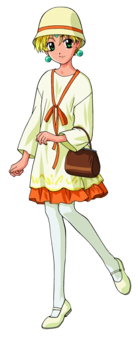 karinka, karinka (koutetsu tenshi kurumi), koutetsu tenshi kurumi, 1girl, bag, bucket hat, casual, cloche hat, earrings, elbow carry, female focus, flapper girl, handbag, hat, jewelry, pantyhose, solo, white pantyhose