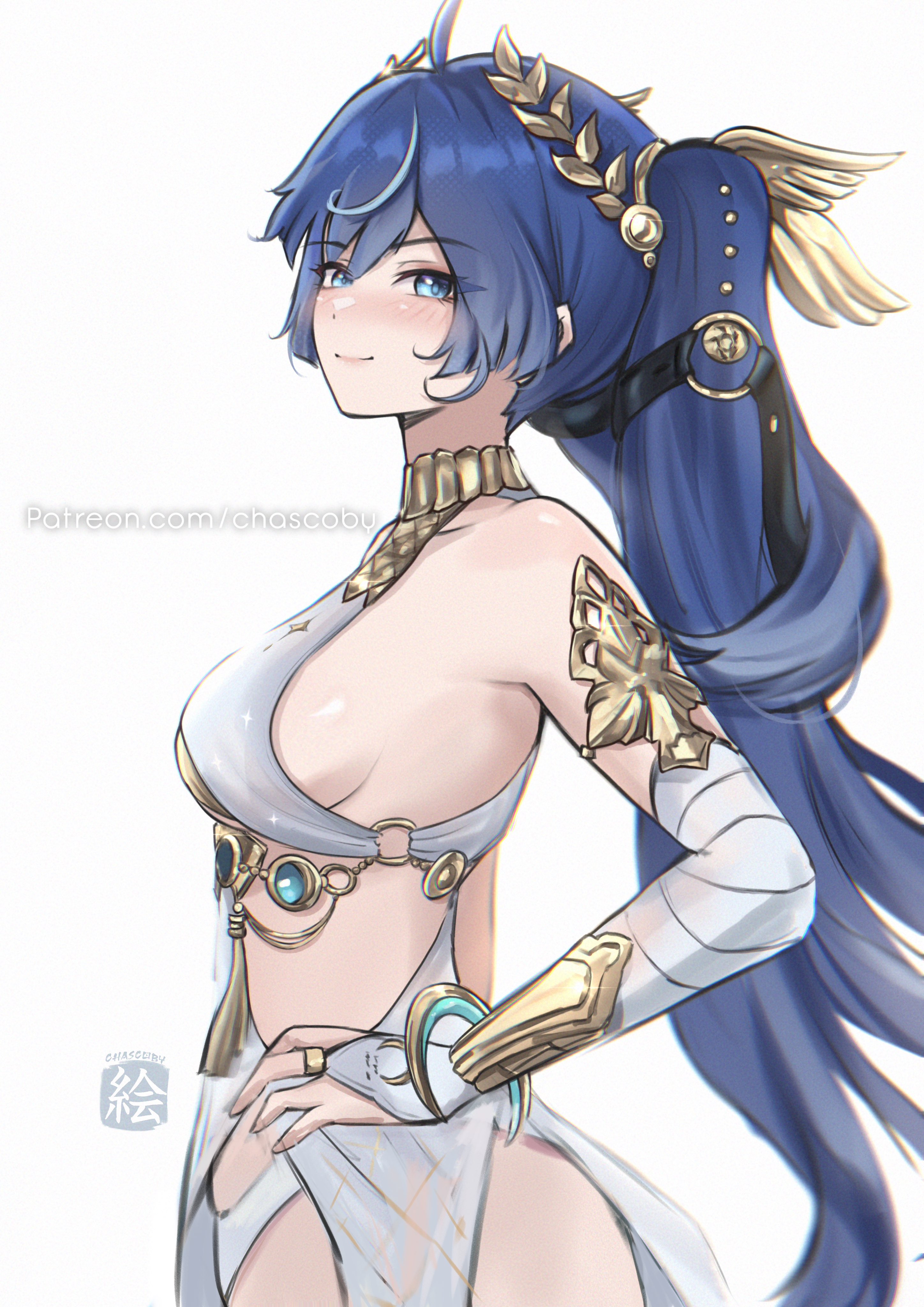 chascoby, iuno (wuthering waves), wuthering waves, absurdres, commentary, highres, 1girl, ahoge, armlet, artist name, bare shoulders, blue eyes, blue hair, blush, breasts, bridal gauntlets, closed mouth, cowboy shot, from side, hair belt, hand on own hip, jewelry, laurel crown, long hair, looking at viewer, looking to the side, medium breasts, multicolored hair, patreon username, simple background, smile, solo, streaked hair, vambraces, watermark, web address, white background, white bridal gauntlets