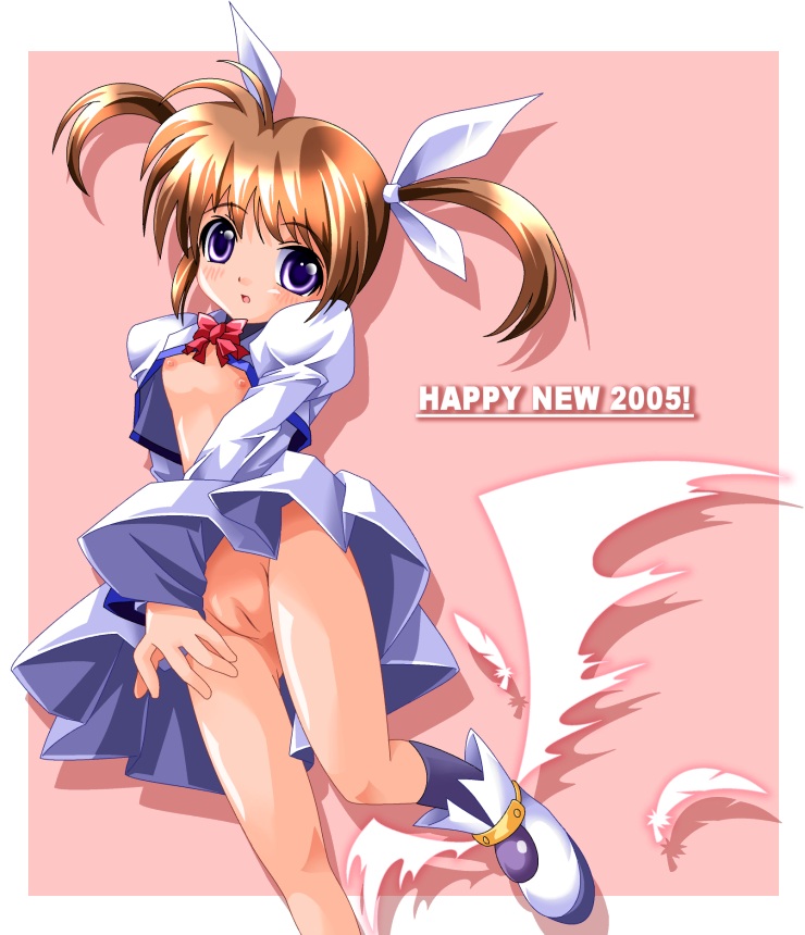 ktman, takamachi nanoha, lyrical nanoha, mahou shoujo lyrical nanoha, uniform, 00s, 1girl, 2005, :d, :o, blush, boots, bow, bowtie, brown hair, crop top, dress, embarrassed, feathers, female focus, flat chest, hair ribbon, jacket, kneehighs, legs, loli, magical girl, new year, nipples, no bra, no panties, open mouth, purple eyes, pussy, ribbon, shadow, short hair, short twintails, smile, socks, solo, standing, twintails, uncensored, upskirt, white dress, wings
