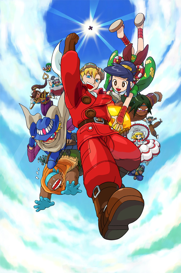 accel, ayame (power stone), edward fokker, galuda, gourmand, gunrock, jack (power stone), julia whitepearl, pete (power stone), rouge (power stone), ryouma (power stone), wang-tang, capcom, power stone, power stone 2, 1990s (style), 3girls, 6+boys, :o, ^ ^, aircraft, airplane, apron, arm up, bandana, bandeau, belt, bikini, bikini top only, blonde hair, blue eyes, blue hair, boots, braid, breasts, brown hair, buttons, cape, capelet, chef hat, child, cleavage, clenched hand, closed eyes, cloud, cowboy hat, cowboy western, dark skin, day, dress, everyone, facial hair, facial mark, falling, fingerless gloves, foreshortening, from below, frying pan, gem, glasses, gloves, goatee, goggles, goggles on head, green eyes, gypsy, hair bun, hair ornament, hair over one eye, hairband, hand on own hip, hat, headband, heart, hip focus, holding, holster, japanese clothes, jewelry, kimono, lolita fashion, long hair, looking at viewer, medium breasts, multiple boys, multiple girls, mustache, open mouth, outdoors, pants, parasol, plump, retro artstyle, scared, scarf, short hair, short kimono, single braid, single hair bun, sky, sun, sweatdrop, swimsuit, sword, tattoo, teeth, umbrella, weapon, wristband