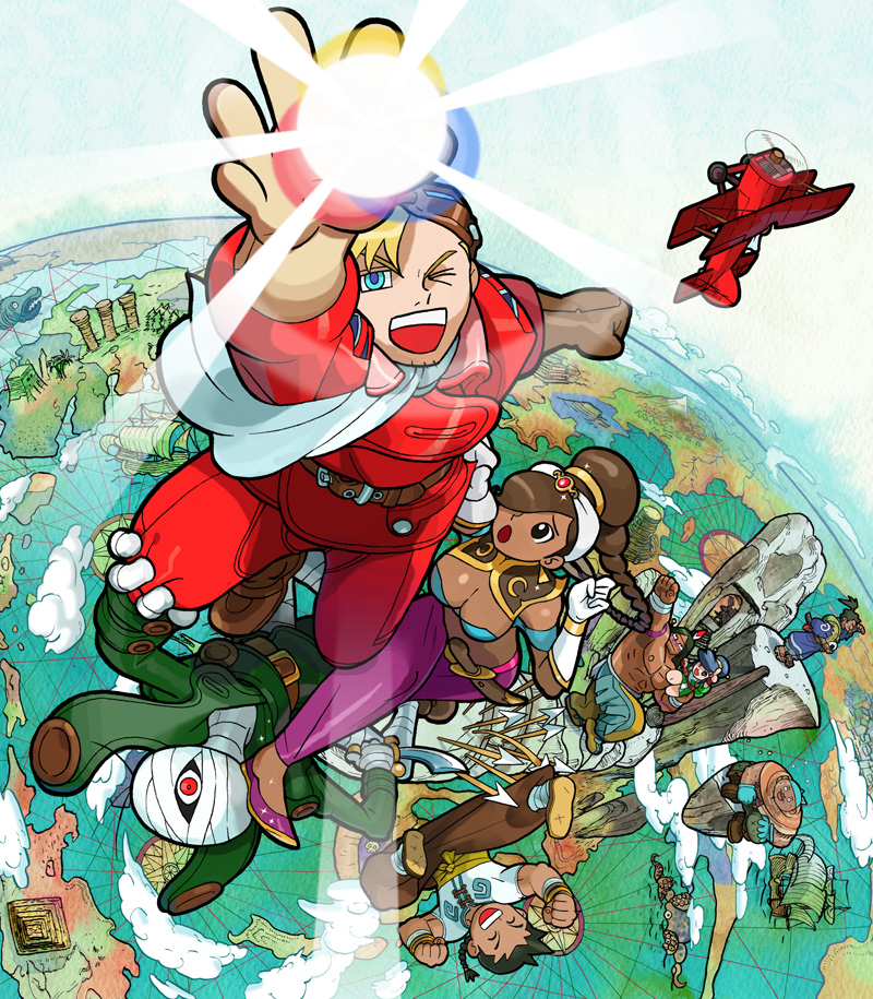 ayame (power stone), edward fokker, galuda, gunrock, jack (power stone), rouge (power stone), ryoma (power stone), ryouma (power stone), wang-tang, capcom, power stone, 1990s (style), 2girls, 5boys, :d, ;d, ^ ^, abs, aircraft, airplane, arm up, armband, arrow (projectile), bandages, bandana, bandeau, belt, bikini, bikini top only, black hair, blonde hair, blue eyes, blue hair, boots, braid, breasts, brown eyes, brown hair, carrying, cleavage, clenched hand, clenched hands, cliff, closed eyes, cloud, dark skin, everyone, facial hair, foreshortening, from above, gem, globe, gloves, glowing, goatee, goggles, goggles on head, green hair, gypsy, hair bun, hair ornament, hair over one eye, hairband, jacket, japanese clothes, kimono, leg grab, long hair, male focus, medium breasts, midriff, multiple boys, multiple girls, muscular, one eye closed, open mouth, outdoors, outstretched arm, outstretched hand, pants, pectorals, ponytail, reaching, red eyes, retro artstyle, rock, samurai, sash, scimitar, shading eyes, sheath, ship, shirt tug, shoes, short kimono, shoulder carry, single braid, single hair bun, sky, smile, spiked hair, standing, swimsuit, sword, topless male, turtleneck, watercraft, weapon, wristband
