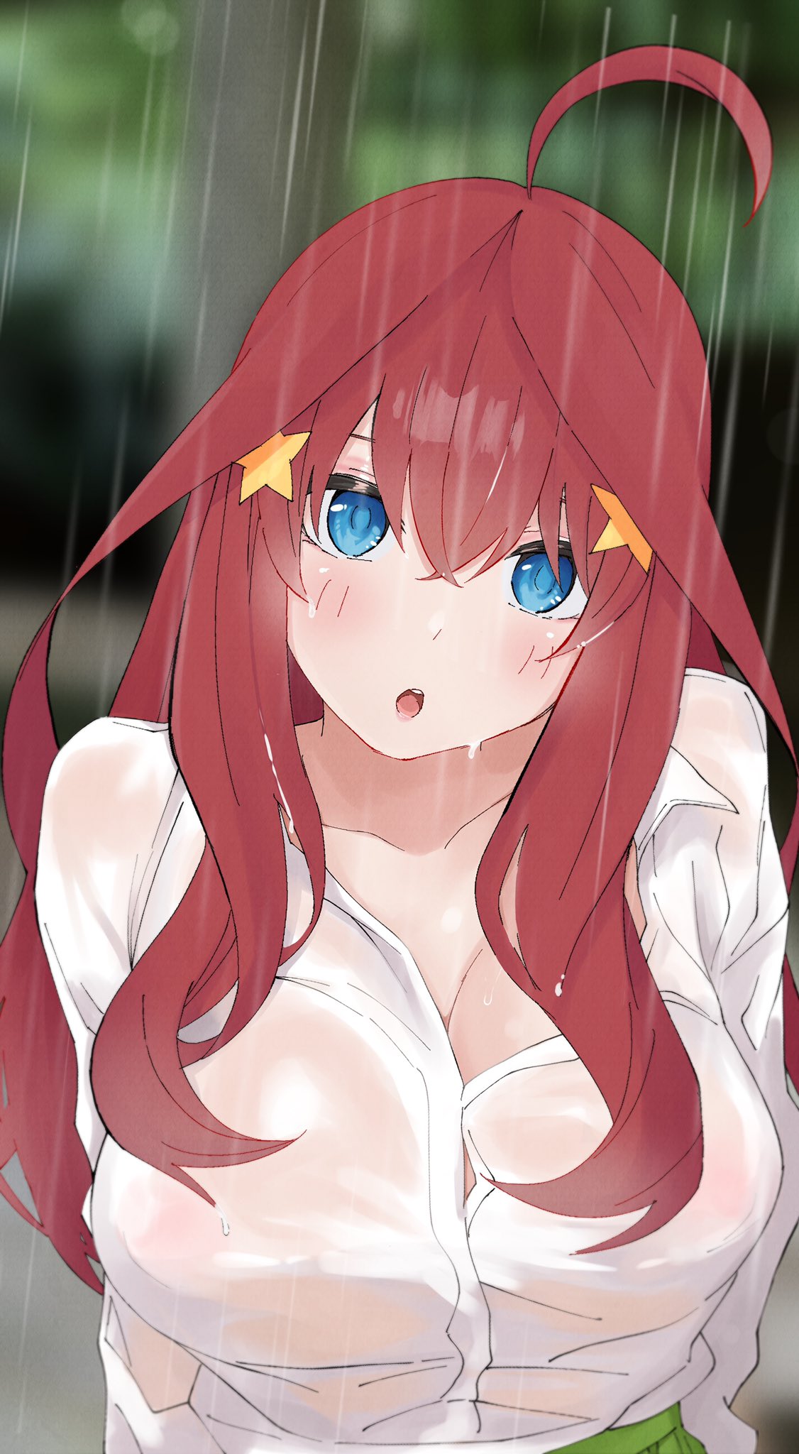 ldeeeeeeeeeejo, nakano itsuki, go-toubun no hanayome, highres, 1girl, ahoge, blue eyes, blush, breasts, collarbone, green skirt, hair between eyes, hair ornament, long hair, looking at viewer, open clothes, open mouth, open shirt, rain, red hair, see-through clothes, shirt, simple background, skirt, solo, star (symbol), star hair ornament, wet, wet clothes
