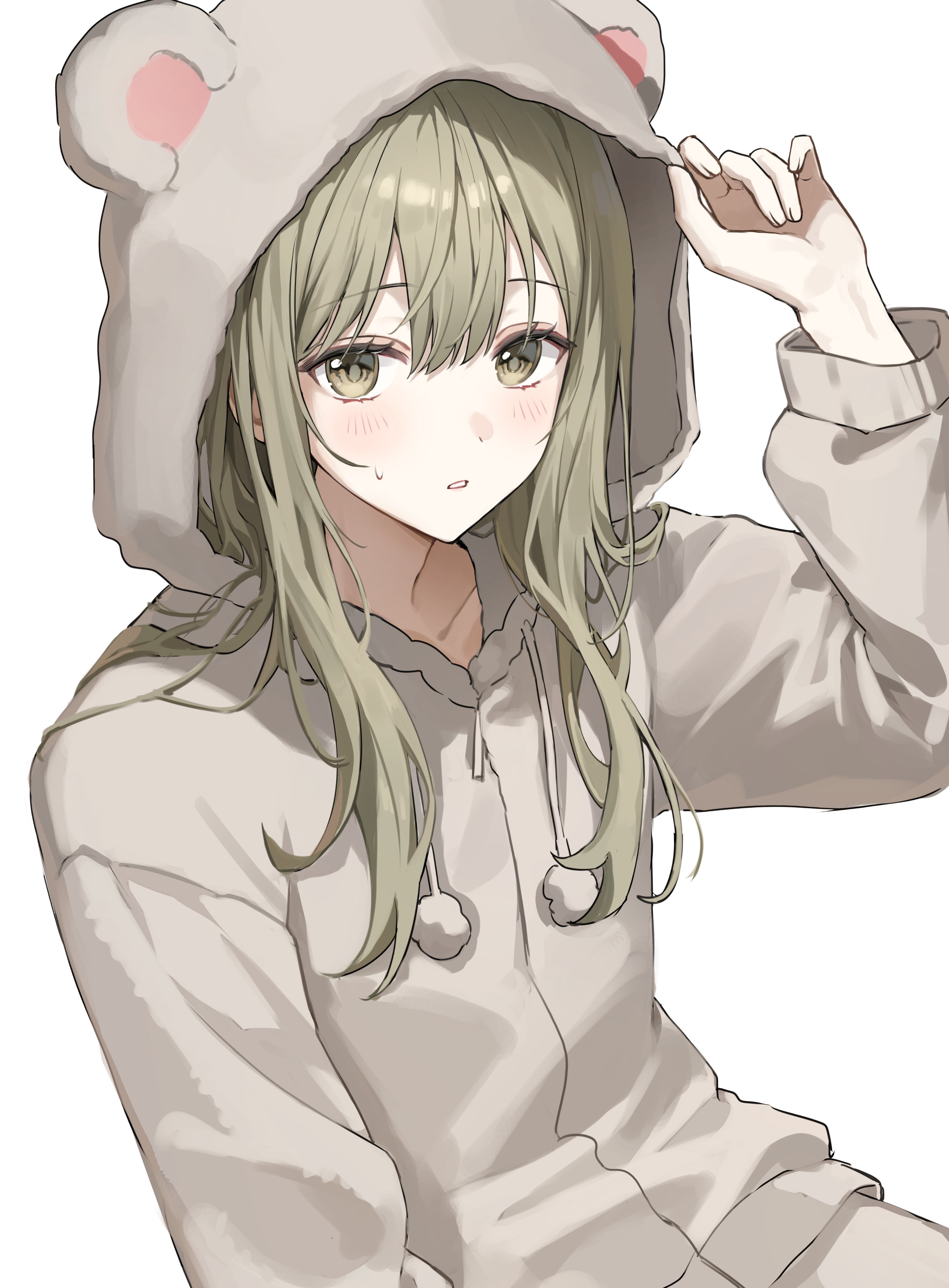 as4 s2, hanaoka makoto, senpai wa otokonoko, absurdres, highres, 1boy, adjusting hood, alternate costume, animal ear hood, blonde hair, collarbone, dot nose, fake animal ears, hair between eyes, hand up, hood, hood up, long sleeves, looking at viewer, male focus, onesie, simple background, small sweatdrop, solo, trap, upper body, white background, yellow eyes