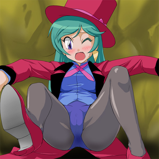 jouwan, francesca, francesca (pokemon), nintendo, pokemon, pokemon (anime), pokemon dp070, pokemon dppt (anime), 1girl, ass, black pantyhose, blue hair, earrings, female focus, hat, high heels, jacket, jewelry, leotard, magician, one eye closed, pantyhose, shoes, single earring, sitting, solo, spread legs, tailcoat, top hat, wink