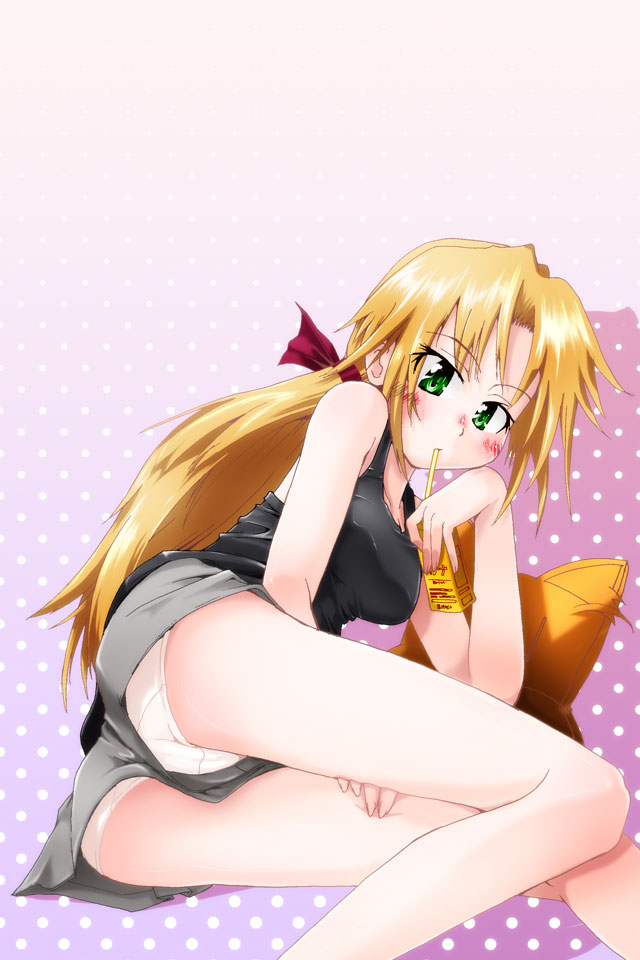asatana, kuroi nanako, lucky star, 00s, 1girl, ass, blonde hair, female focus, green eyes, juice box, mature female, panties, ponytail, ribbon, solo, tank top, underwear